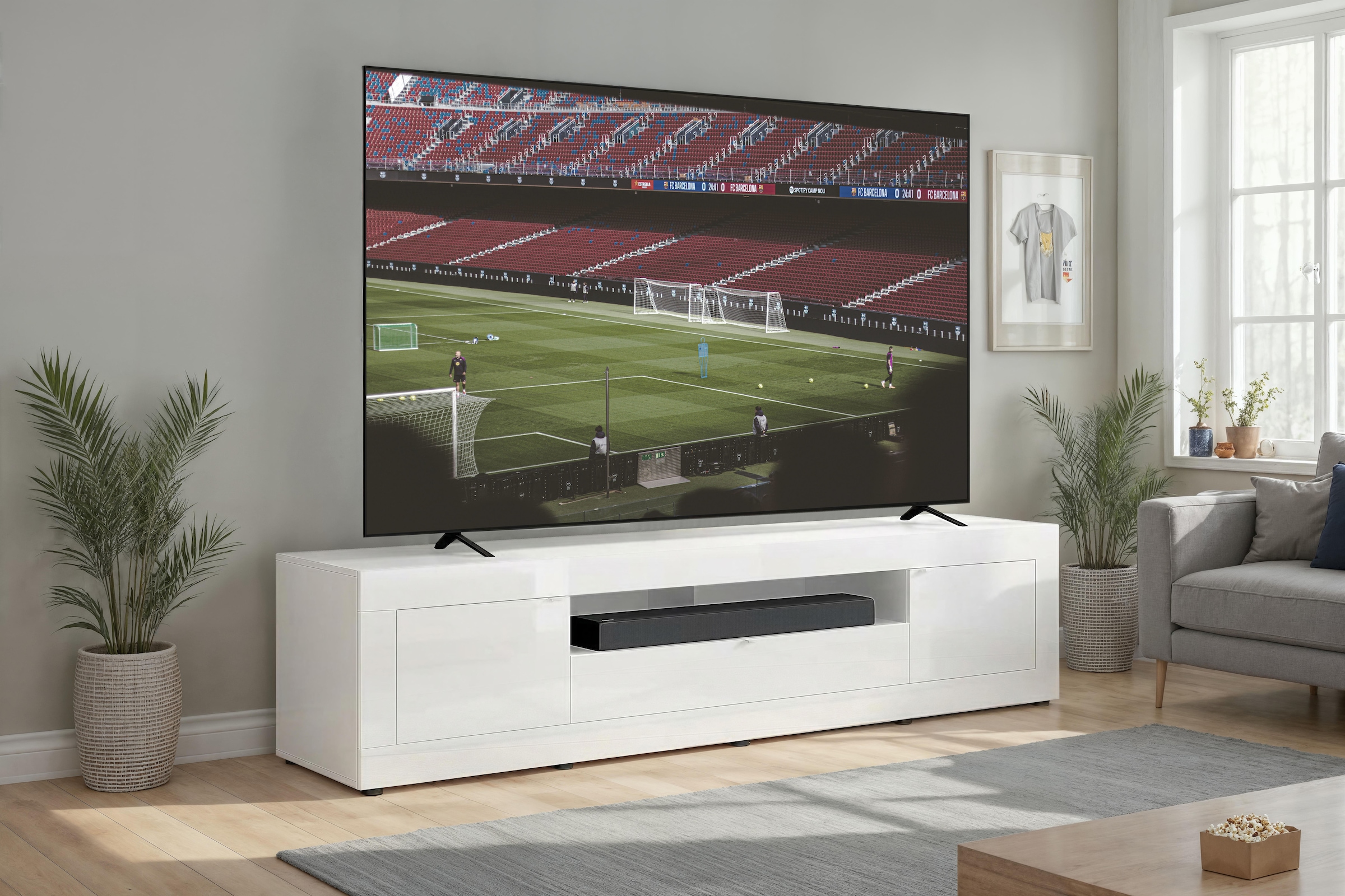 Home affaire Lowboard »Basic, 245 cm breit, 47 cm tief, 2 Türen, 1 Schubkasten, Medienboard« Modernes Lowboard für bis zu 98-Zoll-TV – perfekt für die WM