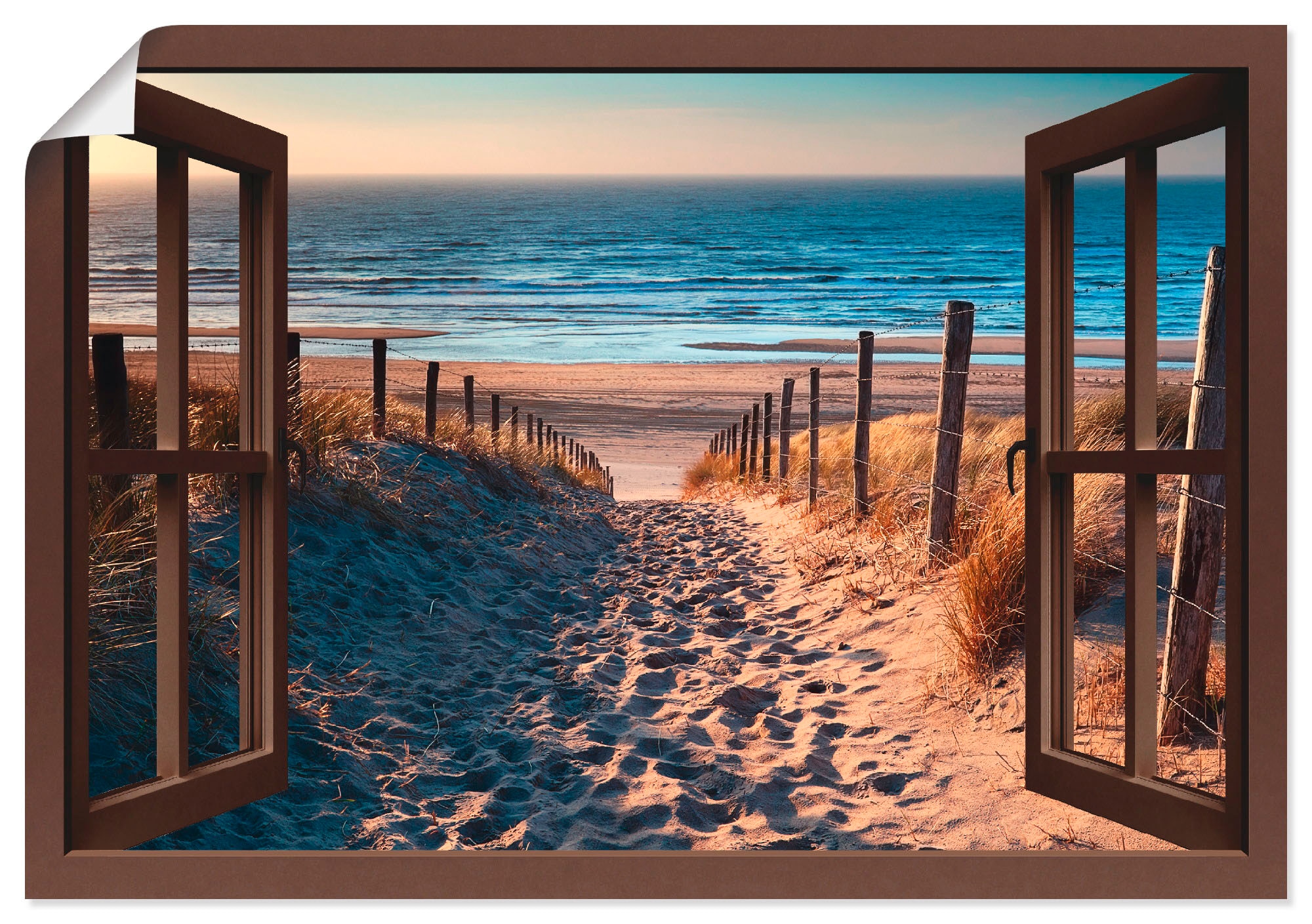 Artland Wandbild »Fensterblick Weg Poster, bestellen bequem Wandaufkleber verschied. als St.), zum (1 in Größen Strand, Leinwandbild, Nordseestrand«