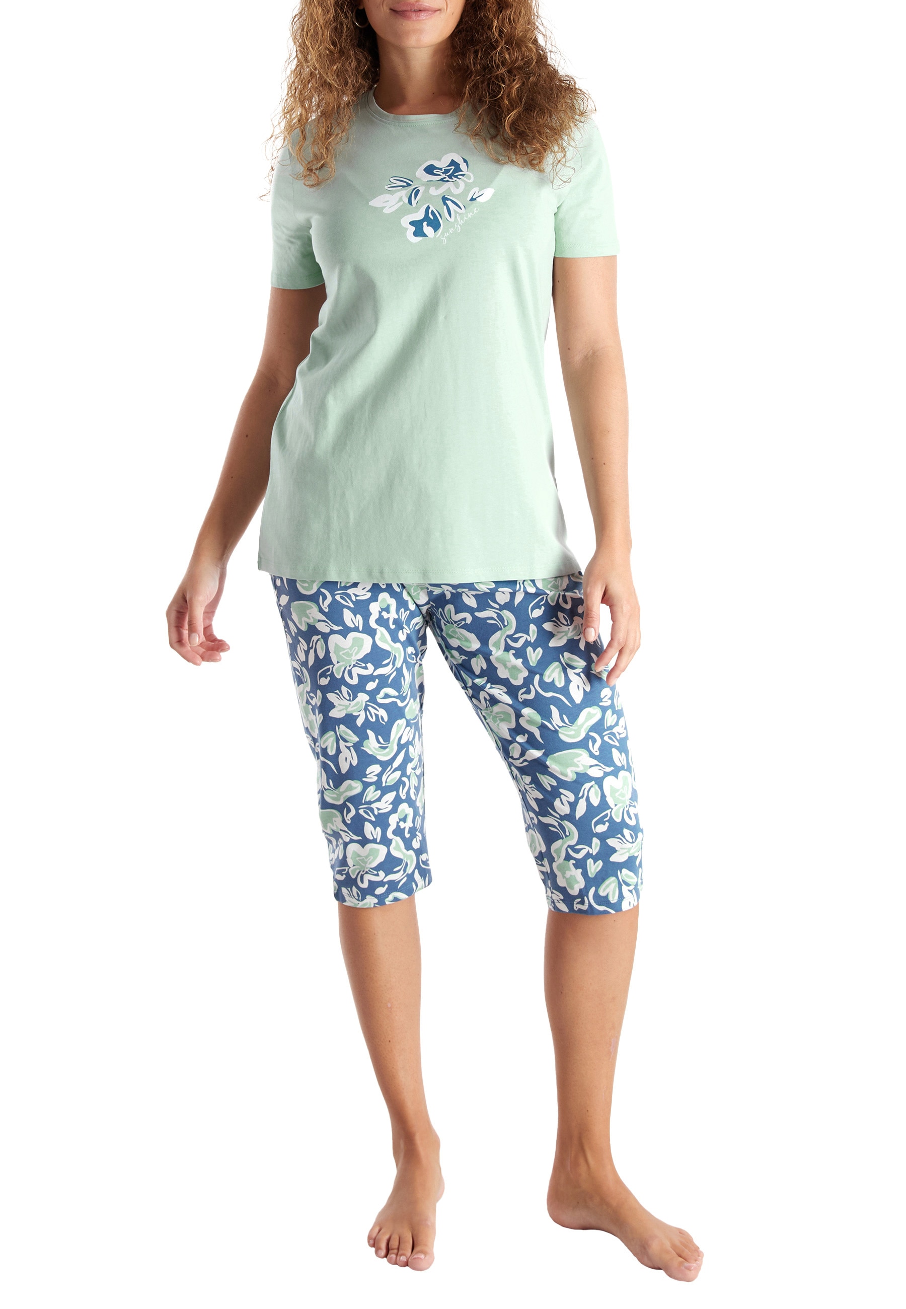 GÖTZBURG Pyjama Kurzarm, 3/4 Hose, Rundhalsausschnitt, mit Motiv, Baumwolle