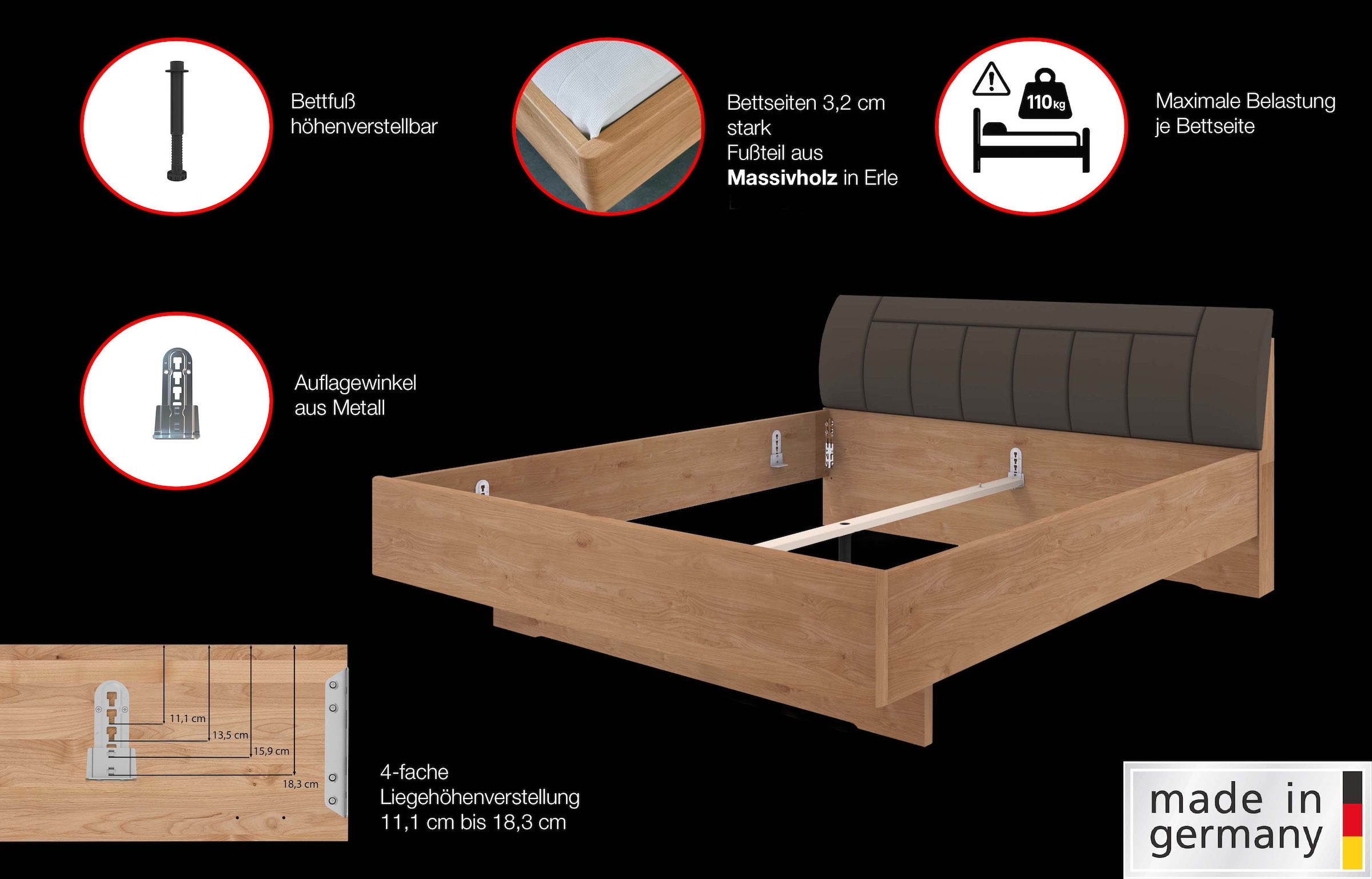 WIEMANN Holzbett »Cardiff, Bettgestell, Bettrahmen, teilmassiv, mit Polsterkopfteil«, (Belastbarkeit 110/220 Kg, 4-fache höhenverstellbar, MADE IN GERMANY), Fußteil aus Massivholz, verschiedene Größen