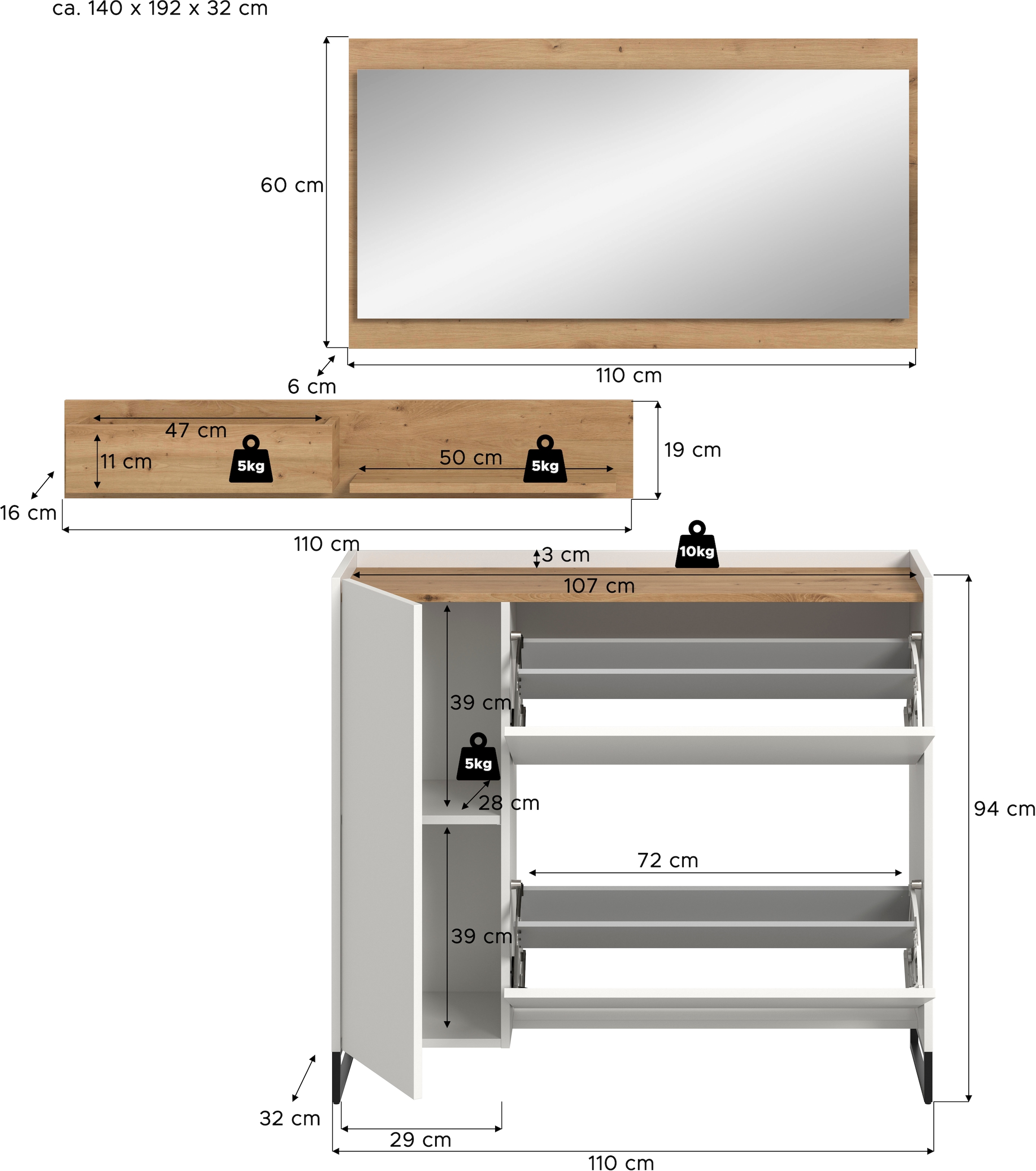 Home affaire Garderoben-Set »EVRID, 3-teilig, Breite 140 cm, individuell stellbar & erweiterbar« best. aus: Kommode, Wandboard & Spiegel, 3 Stk. tlg.