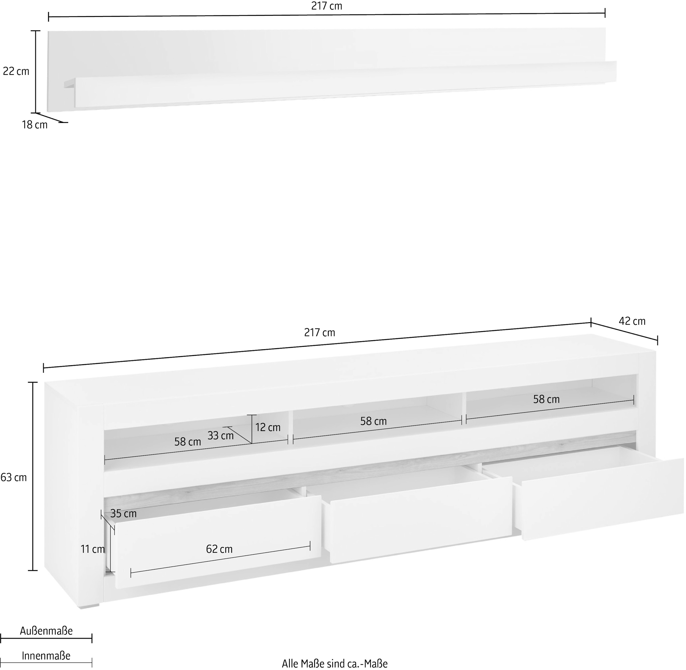 INOSIGN Wohnwand »Anbauwand in Weiß Matt, Wohnzimmer-Set mit austauschbarer Blende«, (Set, 2 St.), enhält Lowboard, Wandboard, zeitloses Design, 217 cm breit