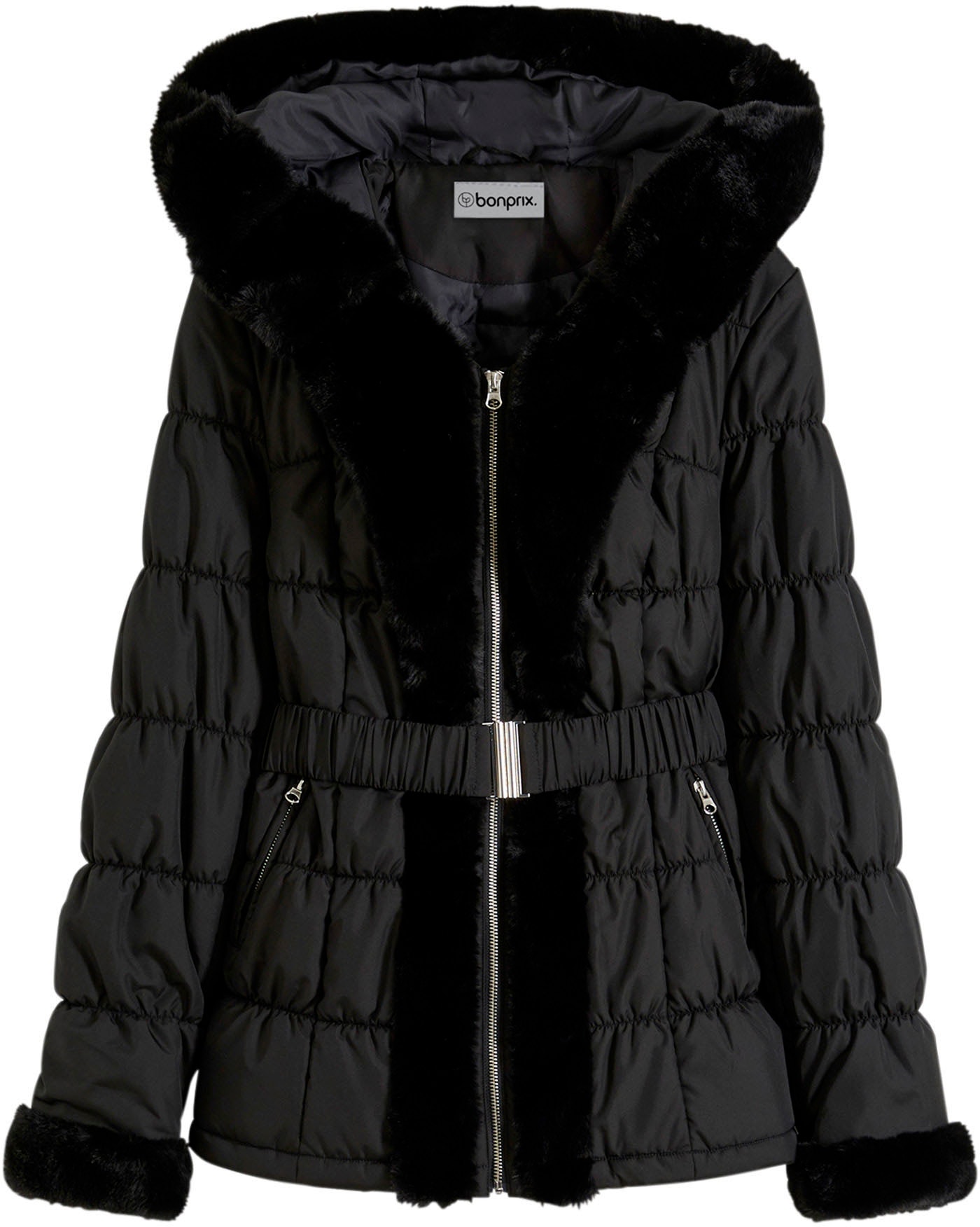bonprix Steppjacke mit Kapuze eleganter Look, mit Kapuze und Fellimitat, Winterjacke