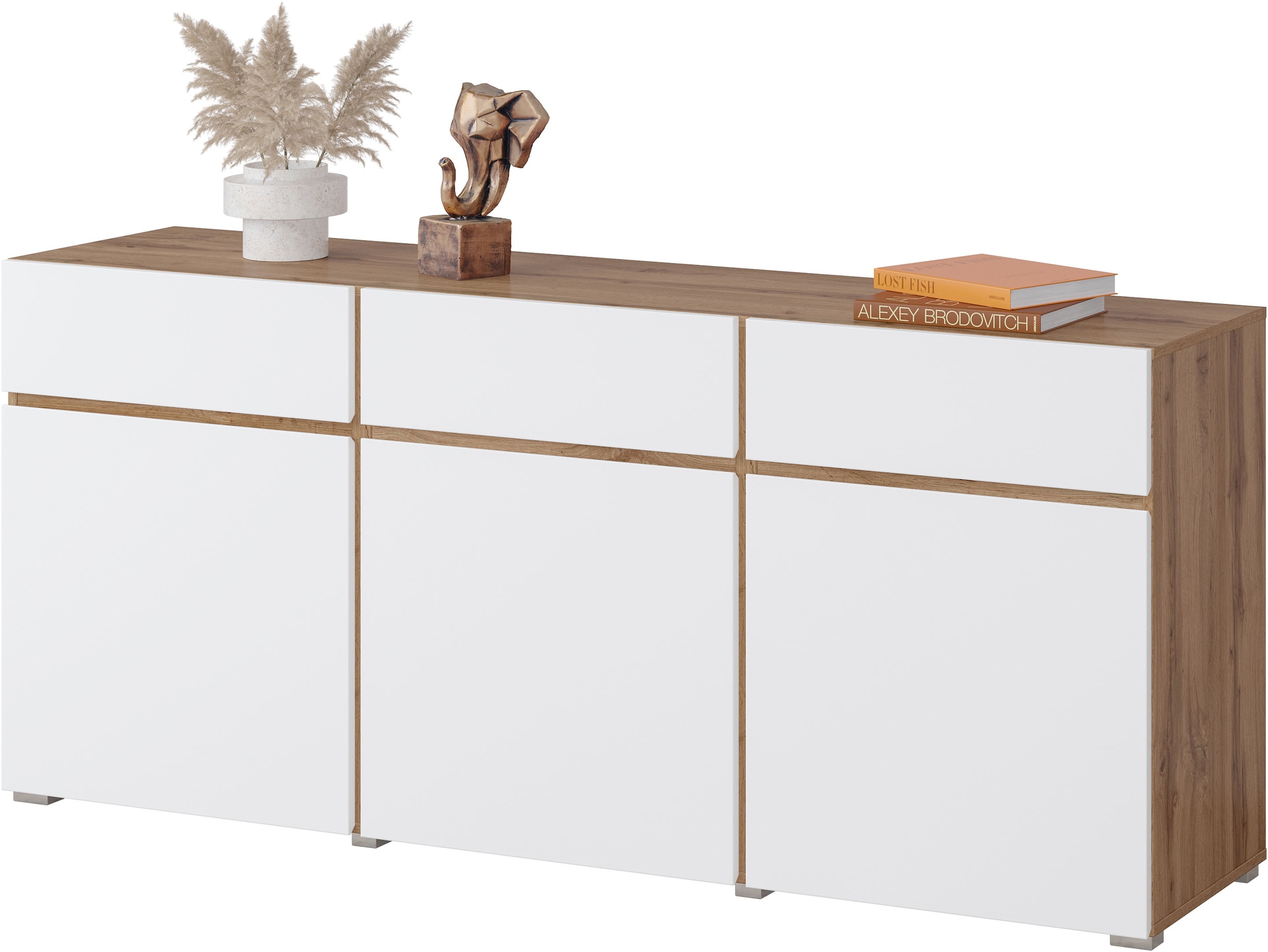 INOSIGN Kommode »Cross,Breite 180 cm, moderne grifflose Kommode,3 Türen/3 Schubkästen«, Schubladenschrank mit viel Stauraum, Einlegeböden verstellbar