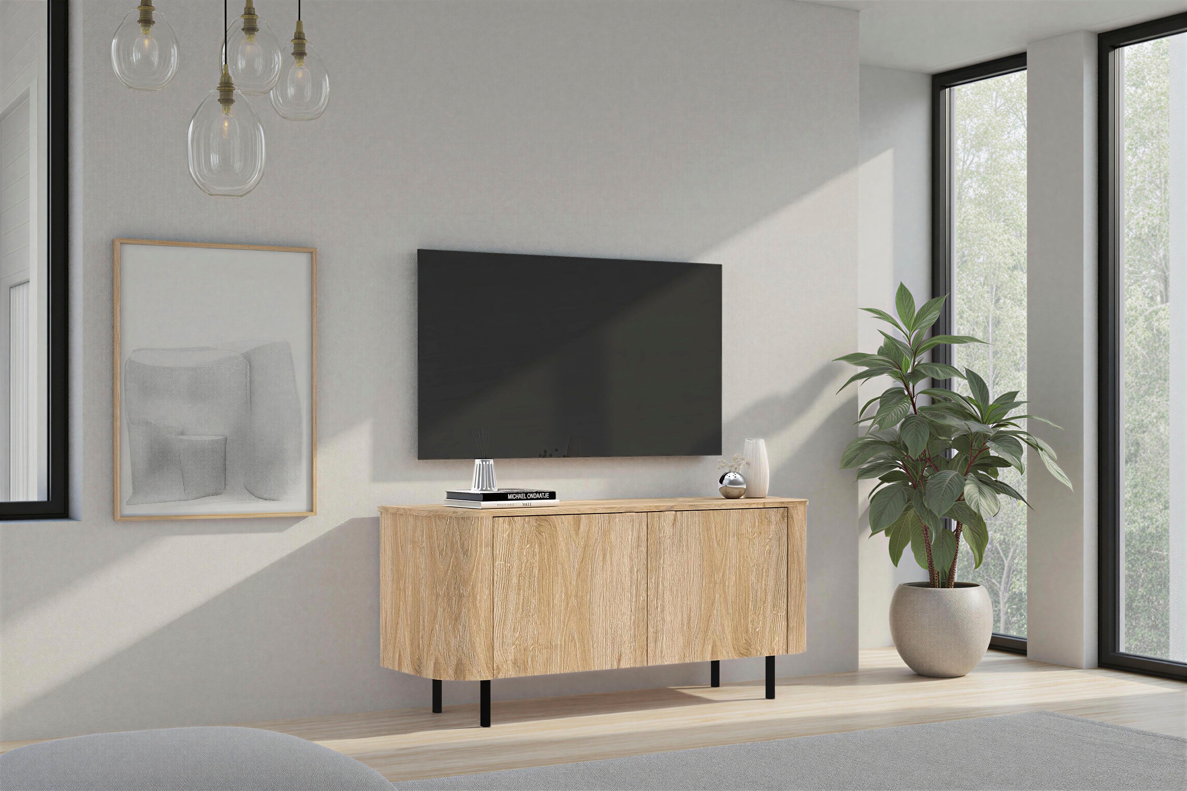 Home affaire Lowboard »Murano, 131 cm breit, 2 Türen, TV-Schrank, TV-Kommode, Medienboard« Formgebogenes MDF, Stirnseiten mit Rundung, Füße und Griffe aus Metall