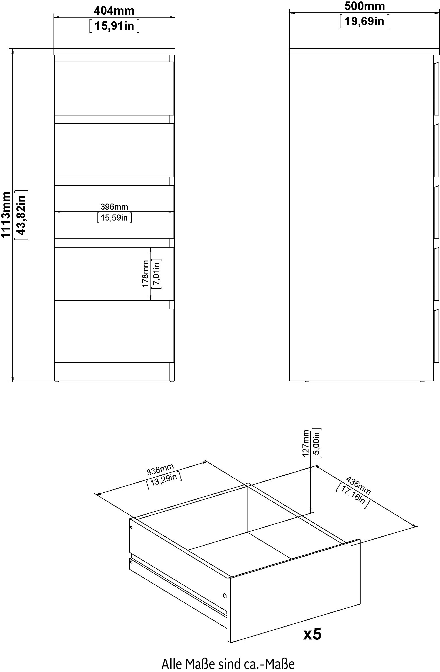 INOSIGN Highboard »Naia, Hockkommode mit 5 Schubkästen«, abgerundete Schubladenkanten auf Metallgleiter, Breite 40,4 cm