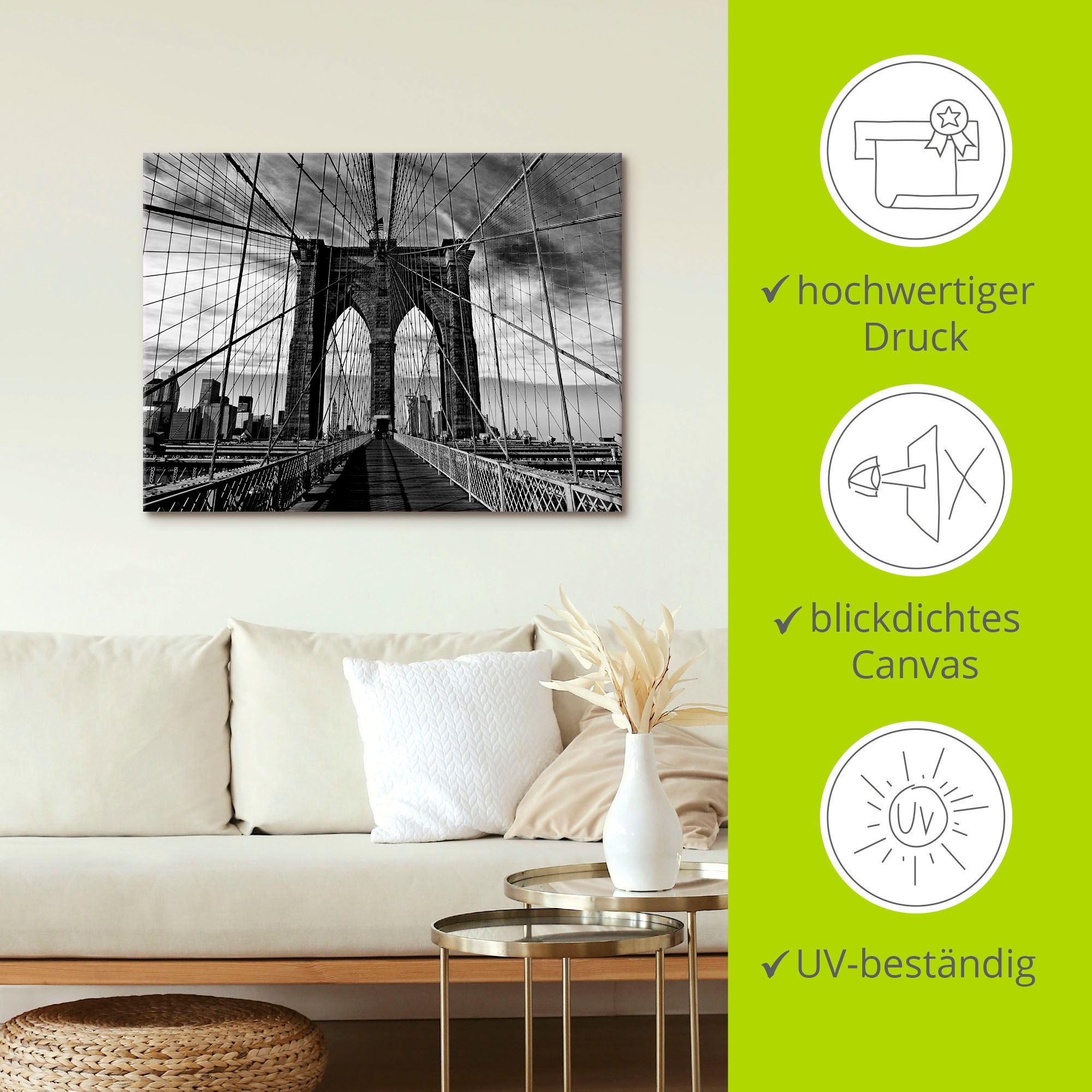 Artland Wandbild »Brooklyn Bridge - schwarz/weiss«, Brücken, (1 St.), als Alubild, Outdoorbild, Leinwandbild, Poster in verschied. Größen