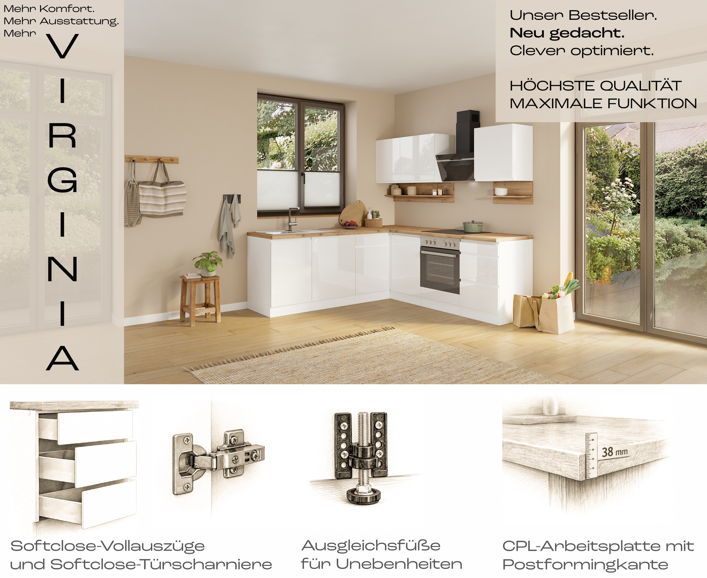 KOCHSTATION Winkelküche »KS-Virginia,neu in verbesserter Ausführung« Arbeitsplatte 38 mm stark, Stauraum, Softclose,  Stellbreite 230/190 cm, Soft-Close,wahlweise mit E-Geräten