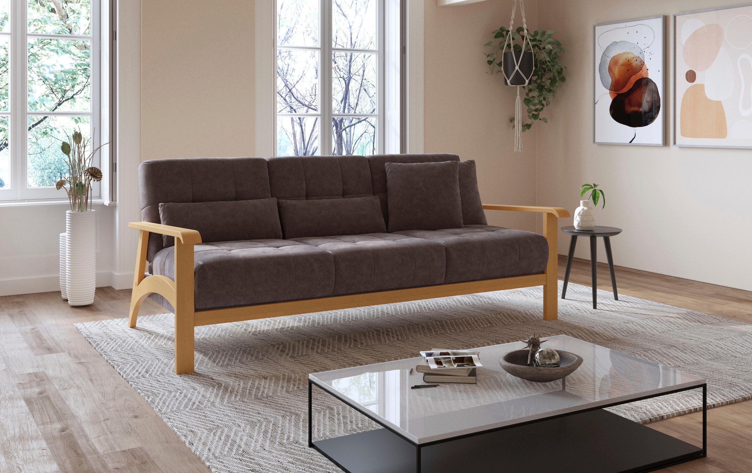 sit&more 3-Sitzer »Billund«, Armlehnen aus eichefarbigem Buchenholz, verschiedene Bezüge und Farben
