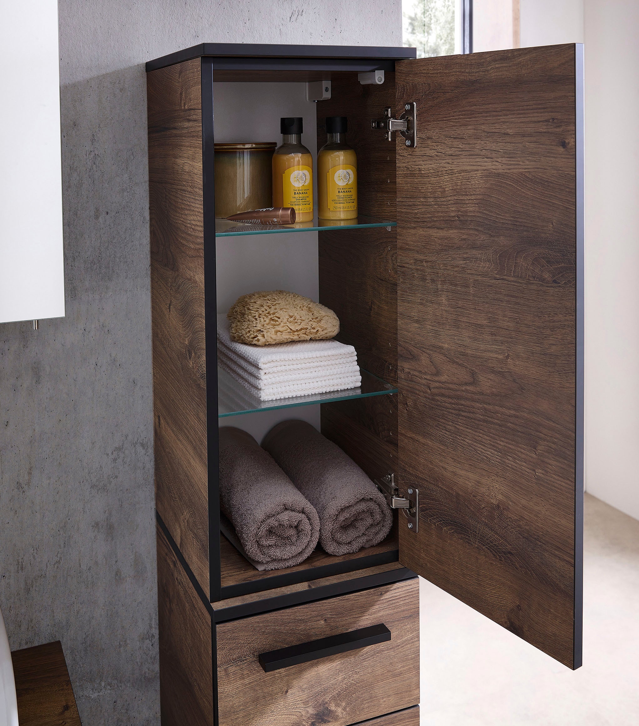 Saphir Schrankmodule »Quickset 374 Badschrank, 30 cm breit, 2 Türen, 1 Schublade« Set, 2 Stk. tlg. 3 Einlegeböden, inkl. Türdämpfer, Eiche Ribbeck quer Nachbildung