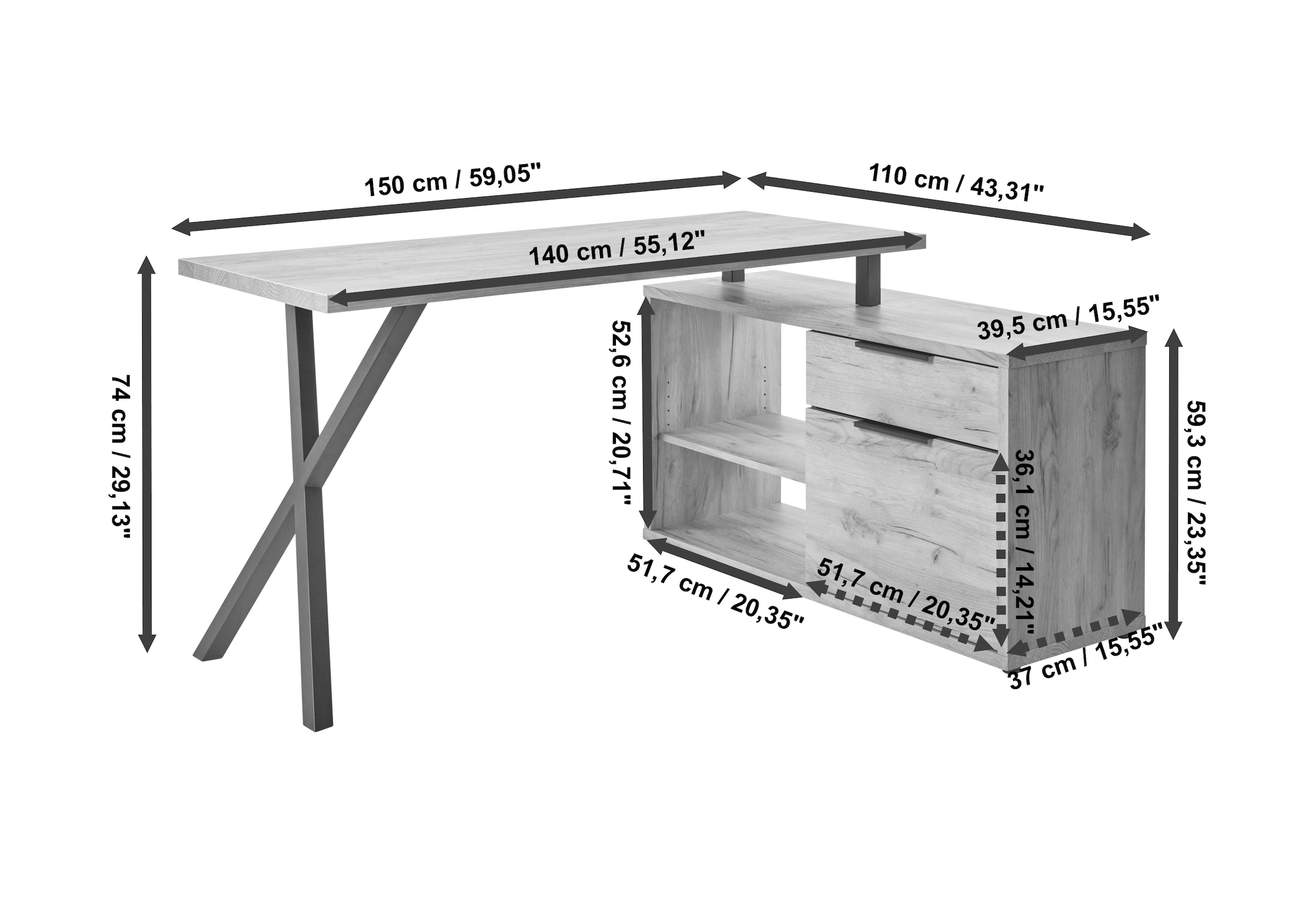 Jahnke Schreibtisch »X-TRA C 145 E«, (1 St.), Eckschreibtisch, wechselseitig montierbar, X-Gestell