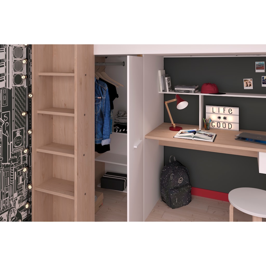 Parisot Hochbett »Heavy«, ALL-IN-ONE, mit Kleiderschrank, Schreibtisch, Leiter, Stauraum