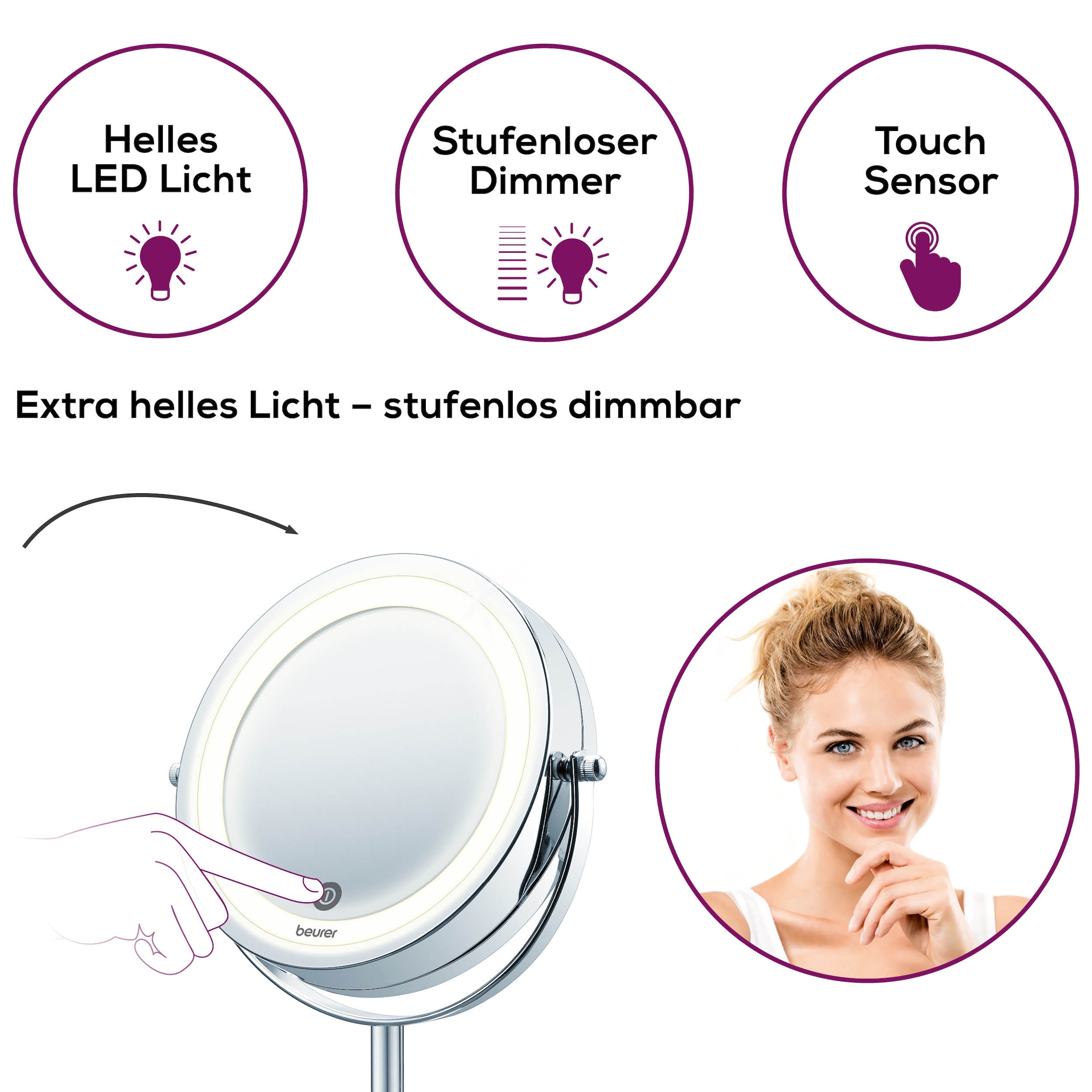 BEURER Kosmetikspiegel »BS 55 beleuchteter Kosmetikspiegel mit 7-facher Vergrößerung«, Beauty-Spiegel mit LED-Licht und Dimmfunktion, 2 Spiegelflächen