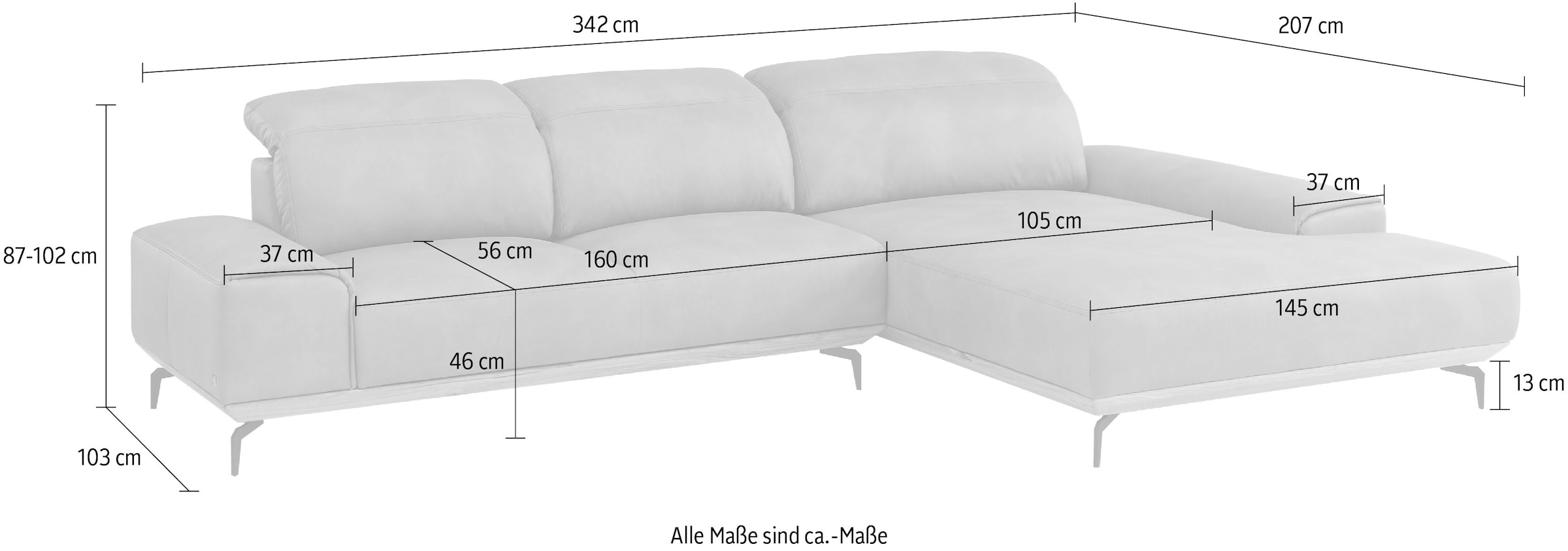 Musterring Wohnlandschaft »MR 2490«, Bronze-Fuß, Sitzhöhe 48cm, wahlweise mit Funktionen, Maße 342 x 207 cm