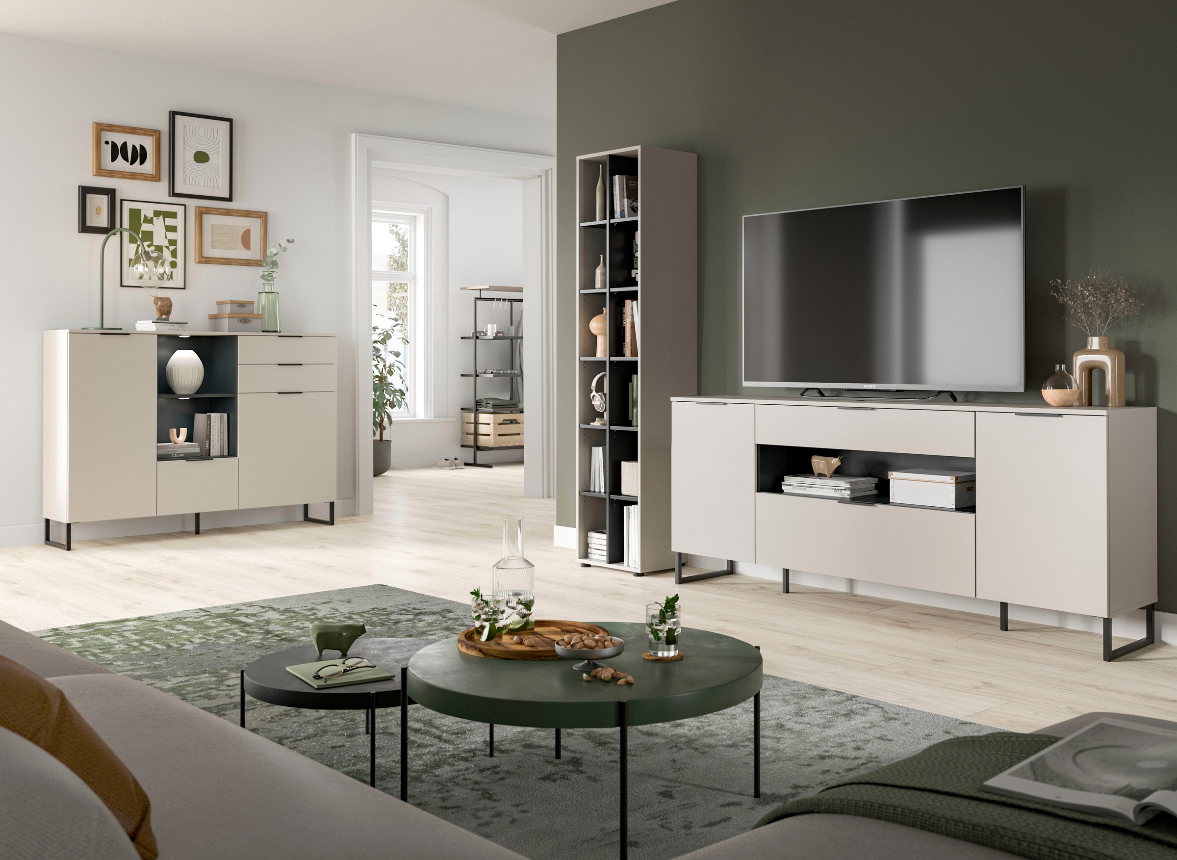 Home affaire Wohnwand »ADIO, Breite 245 cm, 2-teiliges Set, mit Metall-Kufenfüße« Set, bestehend aus: Standregal und Sideboard, 2 Stk. tlg.