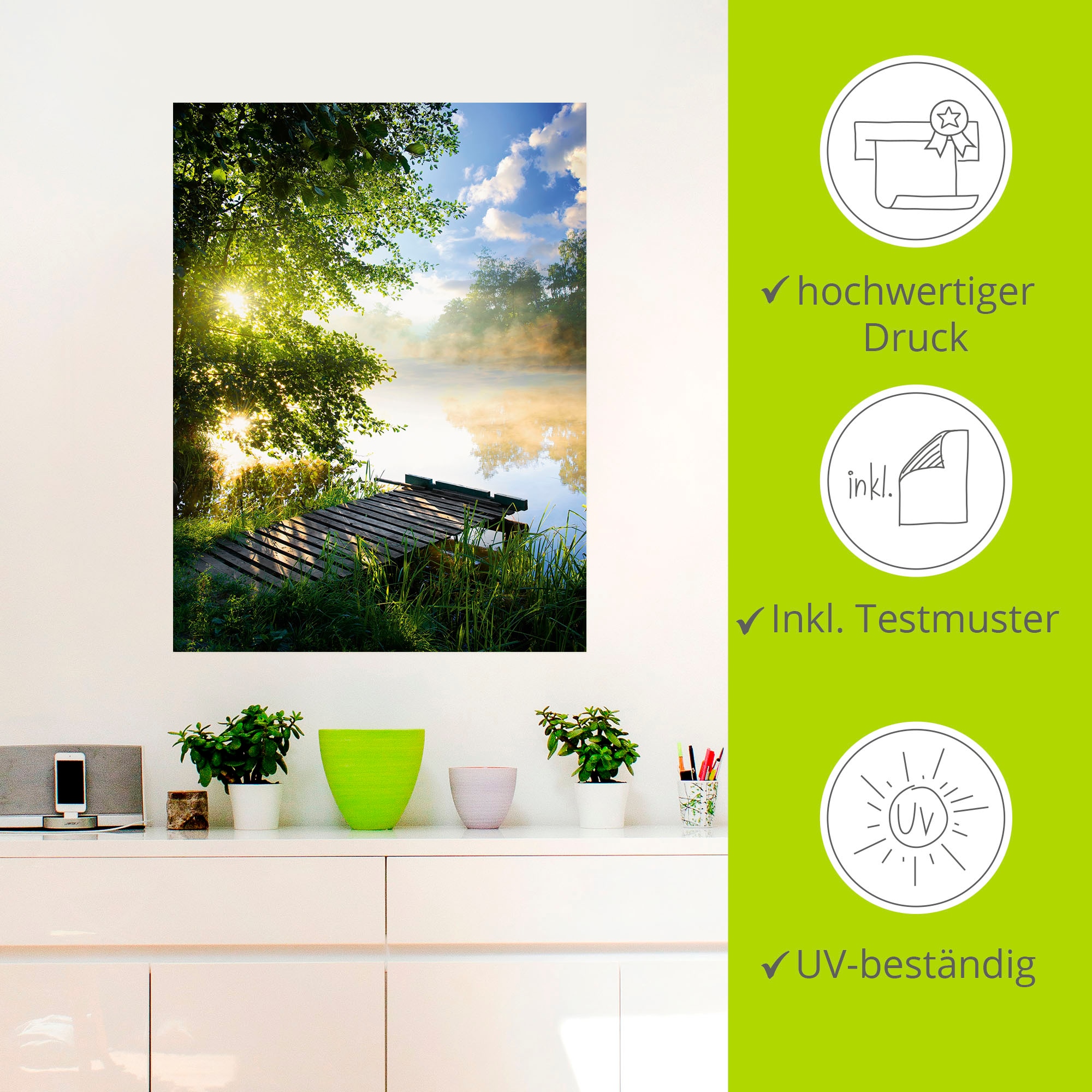 Artland Wandbild »Angelsteg am Morgen«, Gewässer, (1 St.), als Alubild, Outdoorbild, Leinwandbild, Poster, Wandaufkleber