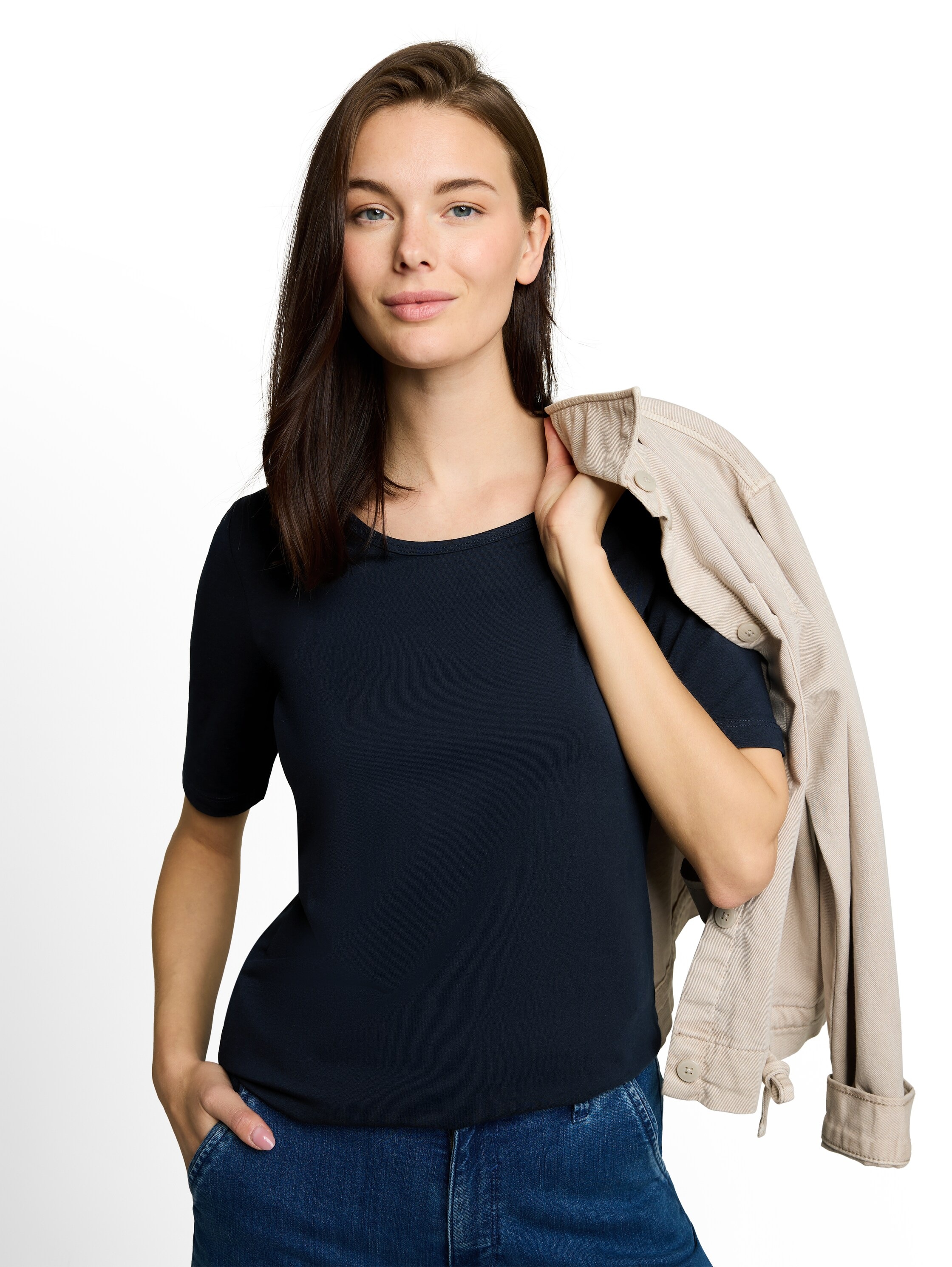 TOM TAILOR T-Shirt Sommershirt mit tiefem Rundhalsausschnitt, unifarben