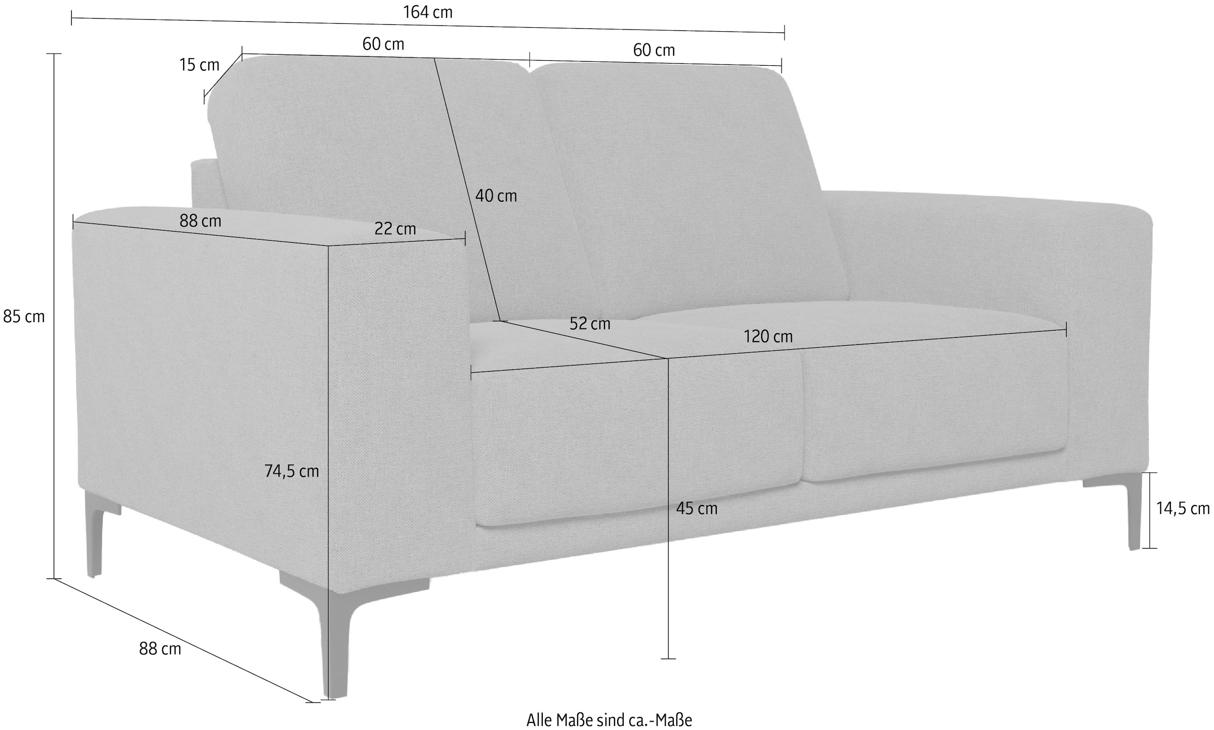 Places of Style 2-Sitzer »Xander«, Breite 164 cm, Webstoff, Soft-Touch Chenille, schwarze Metallfüßen