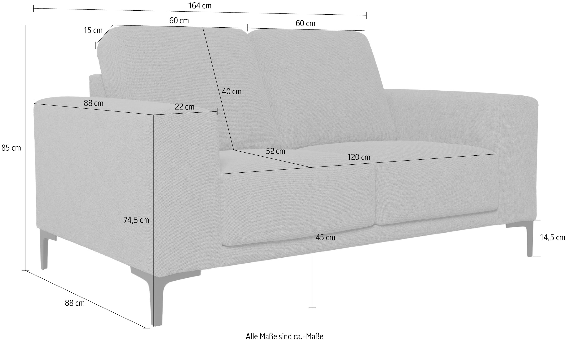 Places of Style 2-Sitzer »Xander«, Breite 164 cm, Webstoff, Soft-Touch Chenille, schwarze Metallfüße