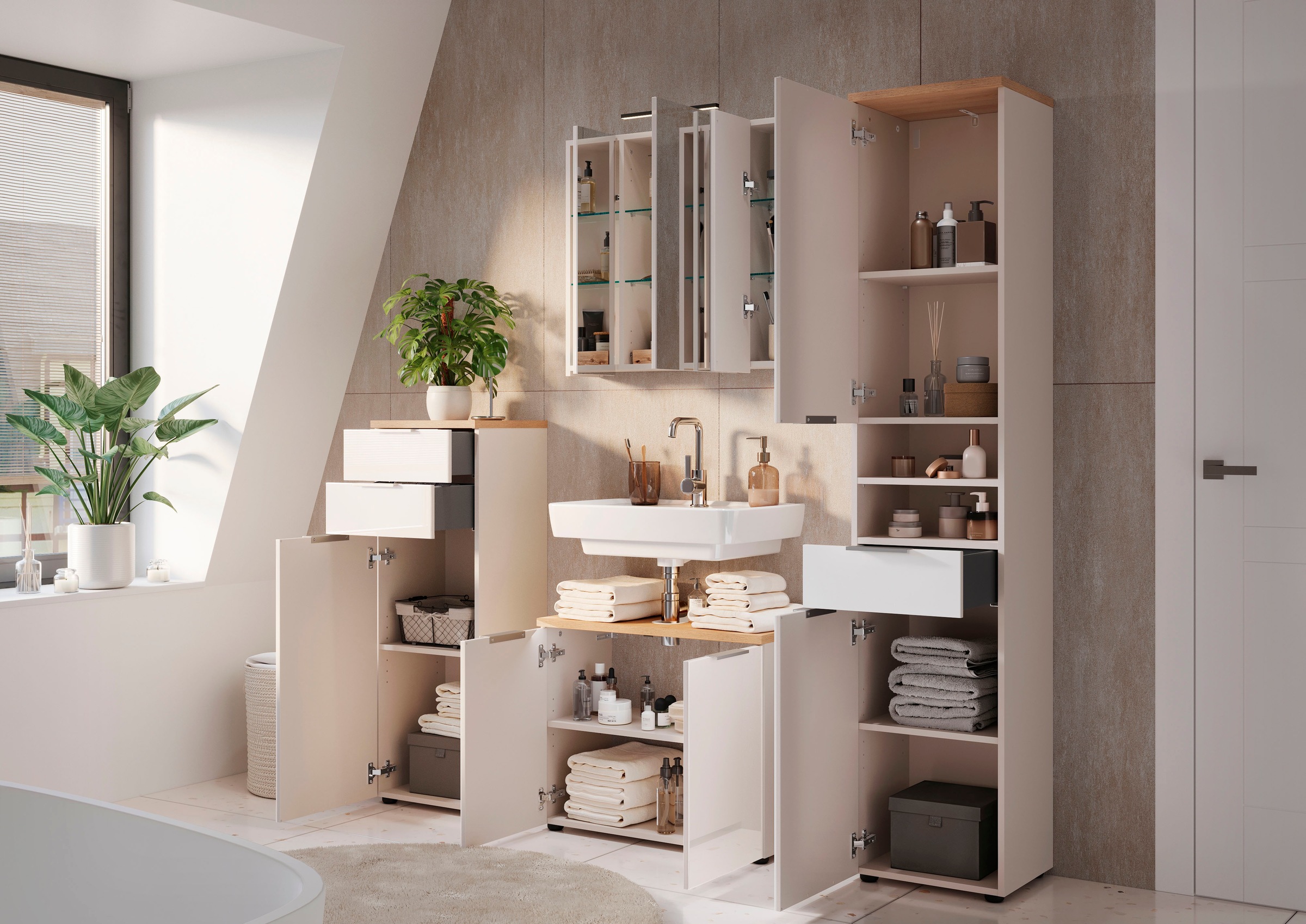 GERMANIA Midischrank »Tavira« 1 Stk. tlg. Midischrank mit Glasfronten und Selbsteinzug der Schubladen
