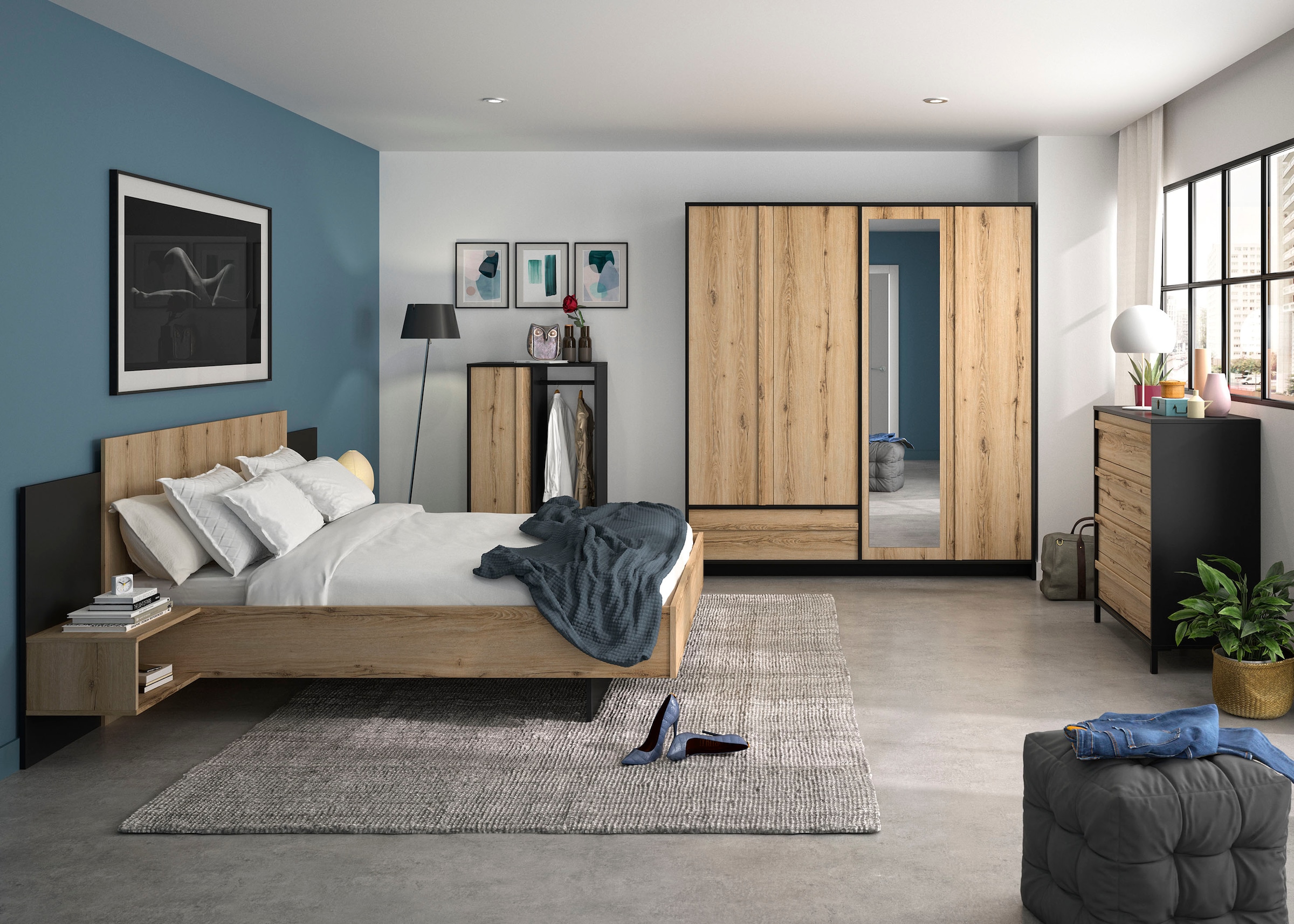 Gami Schlafzimmer-Set »Mimizan« Bett, 2x Nachttische, Kleiderschrank, Kommode, Garderobenschrank, 4 Stk. tlg.