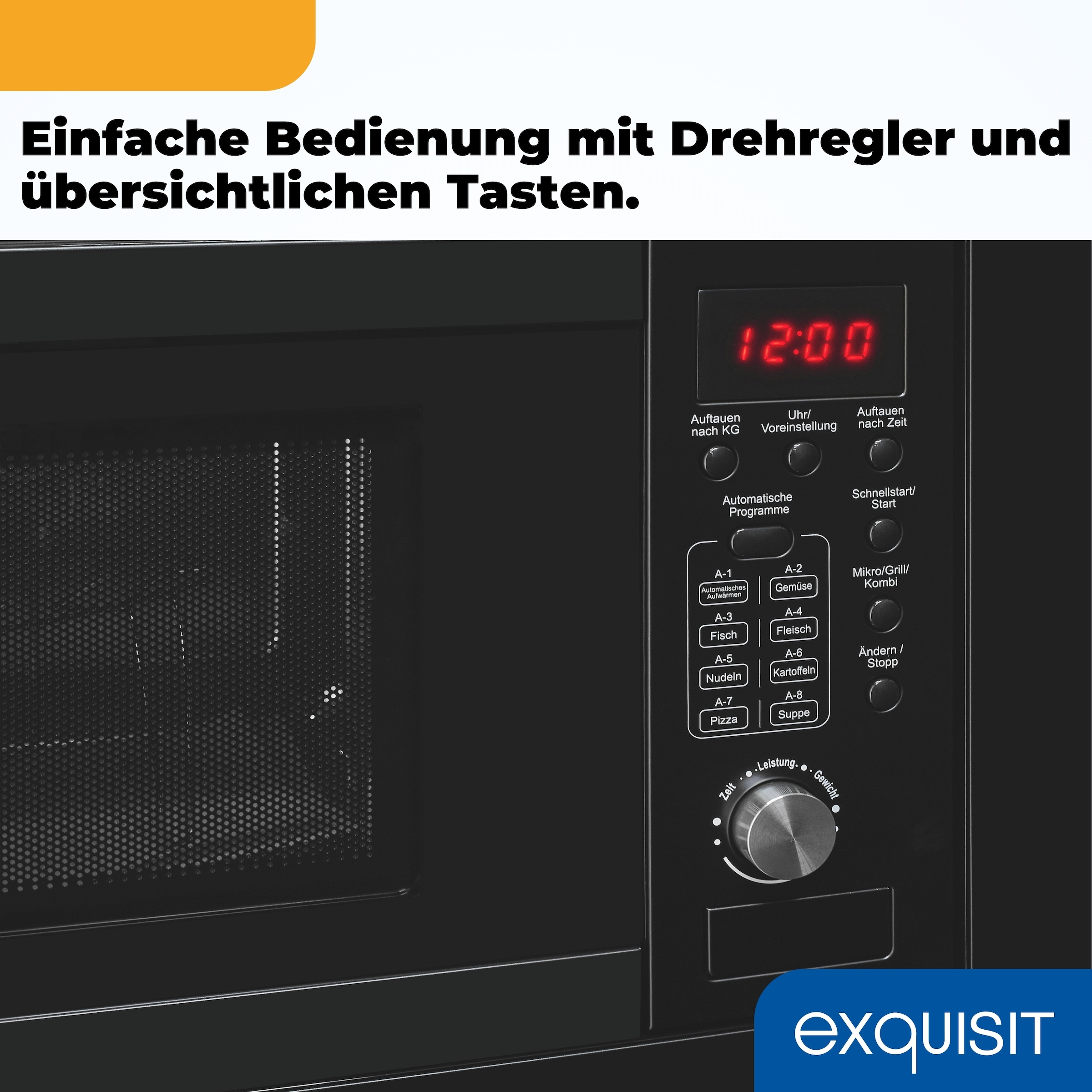 exquisit Einbau-Mikrowelle »EMW20.1G schwarz« 1250 W Schonend Auftauen,schnell Aufwärmen, Grillen-einfach per Knopfdruck