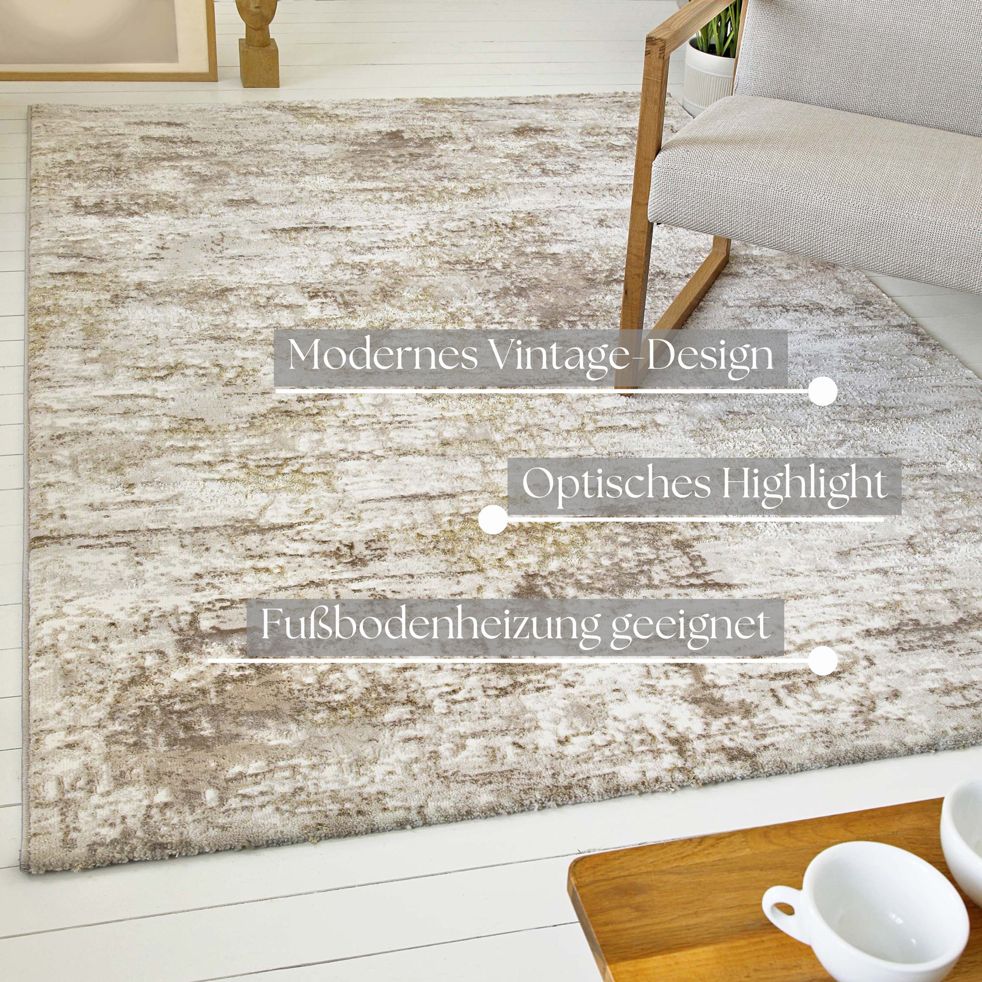 OTTO home Teppich »Aeliana«, rechteckig, 12 mm Höhe, weicher Kurzflor, Hoch Tief, Skandi, Vintage, Wohnzimmer, Schlafzimmer