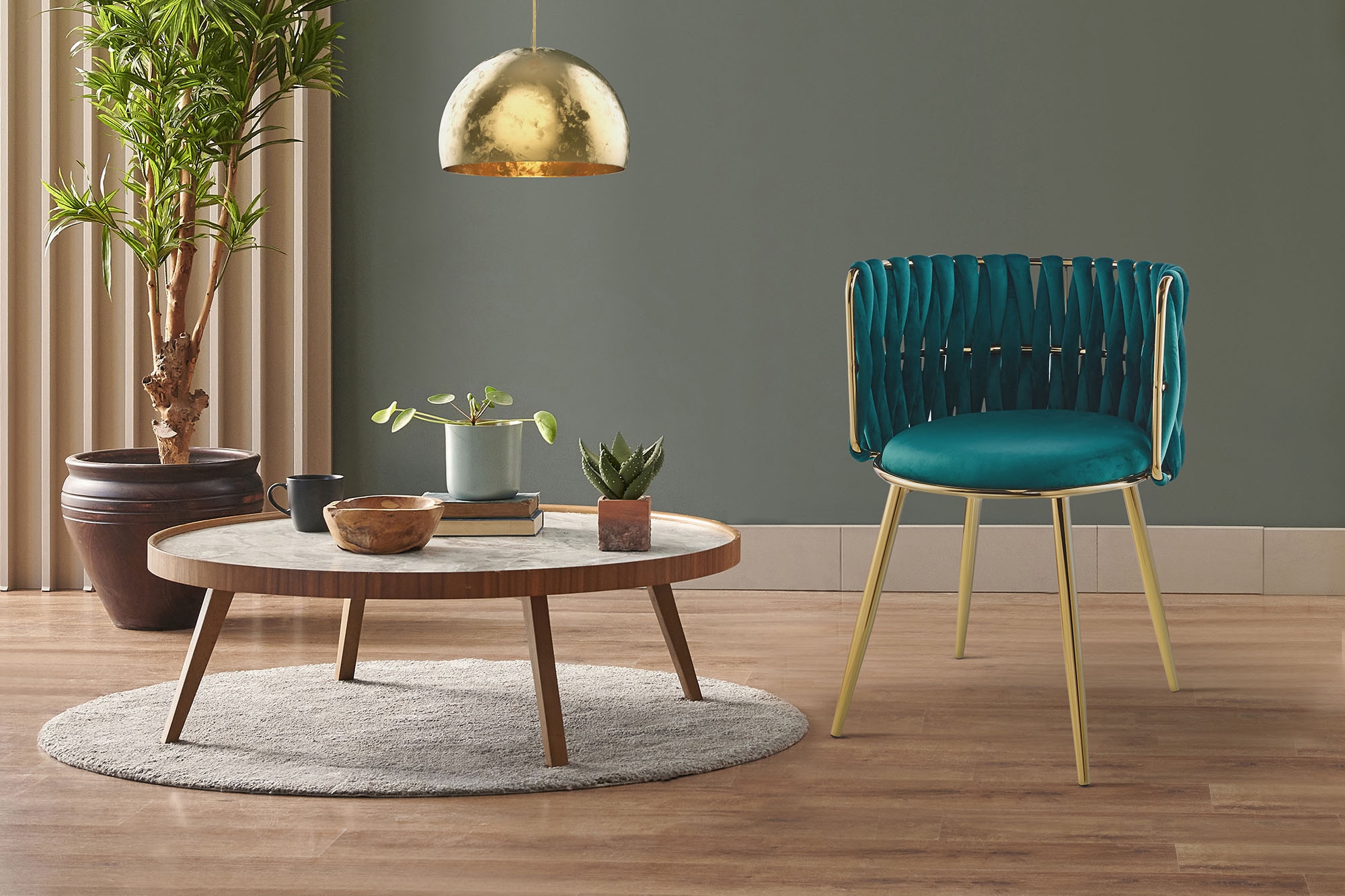 Kayoom Polsterstuhl »Stuhl Melly 125 2er-Set,tolles Design der Rückenlehne, runde Sitzfläch« (Set) 2 Stk.ausgefallen geflochtene Rückenlehne, Samtbezug, goldene Beine
