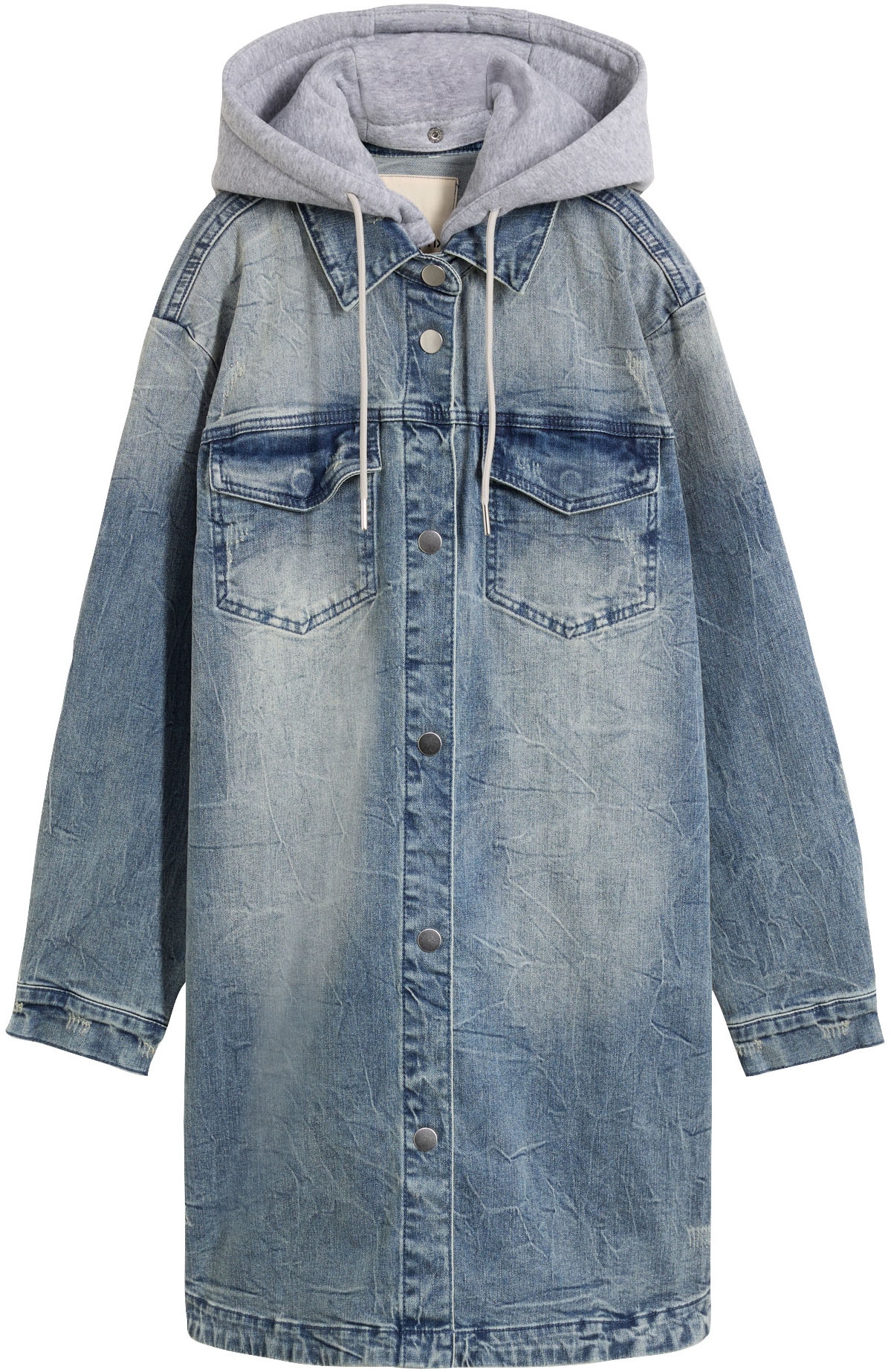 bonprix Jeansjacke mit Kapuze lange, bequeme Passform, mit Eingriffs- und Brusttaschen