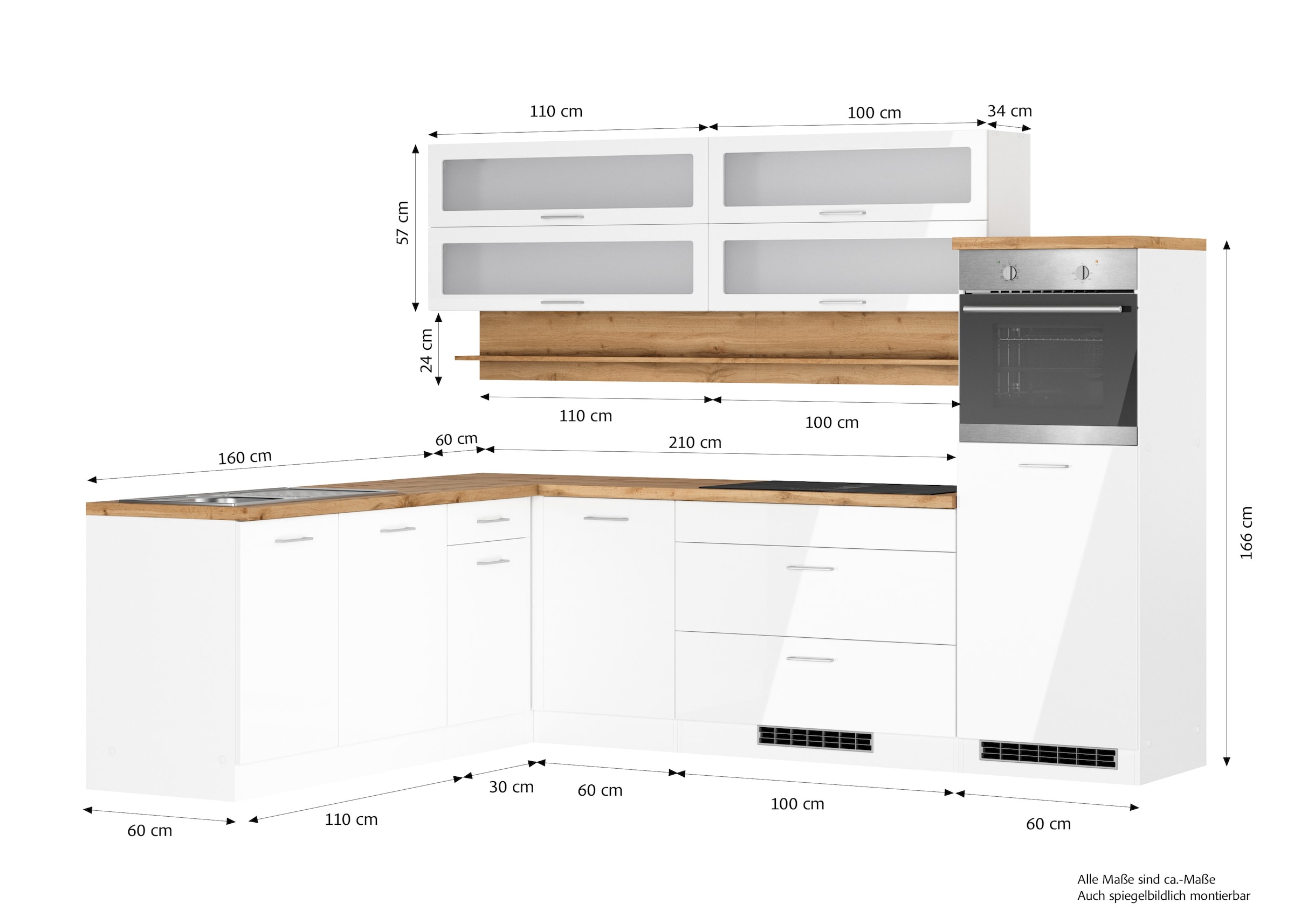 KOCHSTATION Winkelküche »KS-Milan, optional mit Muldenlüfter«, Stellbr.270/220 cm, wahlweise mit E-Geräten, Kochfeld mit Dunstabzug