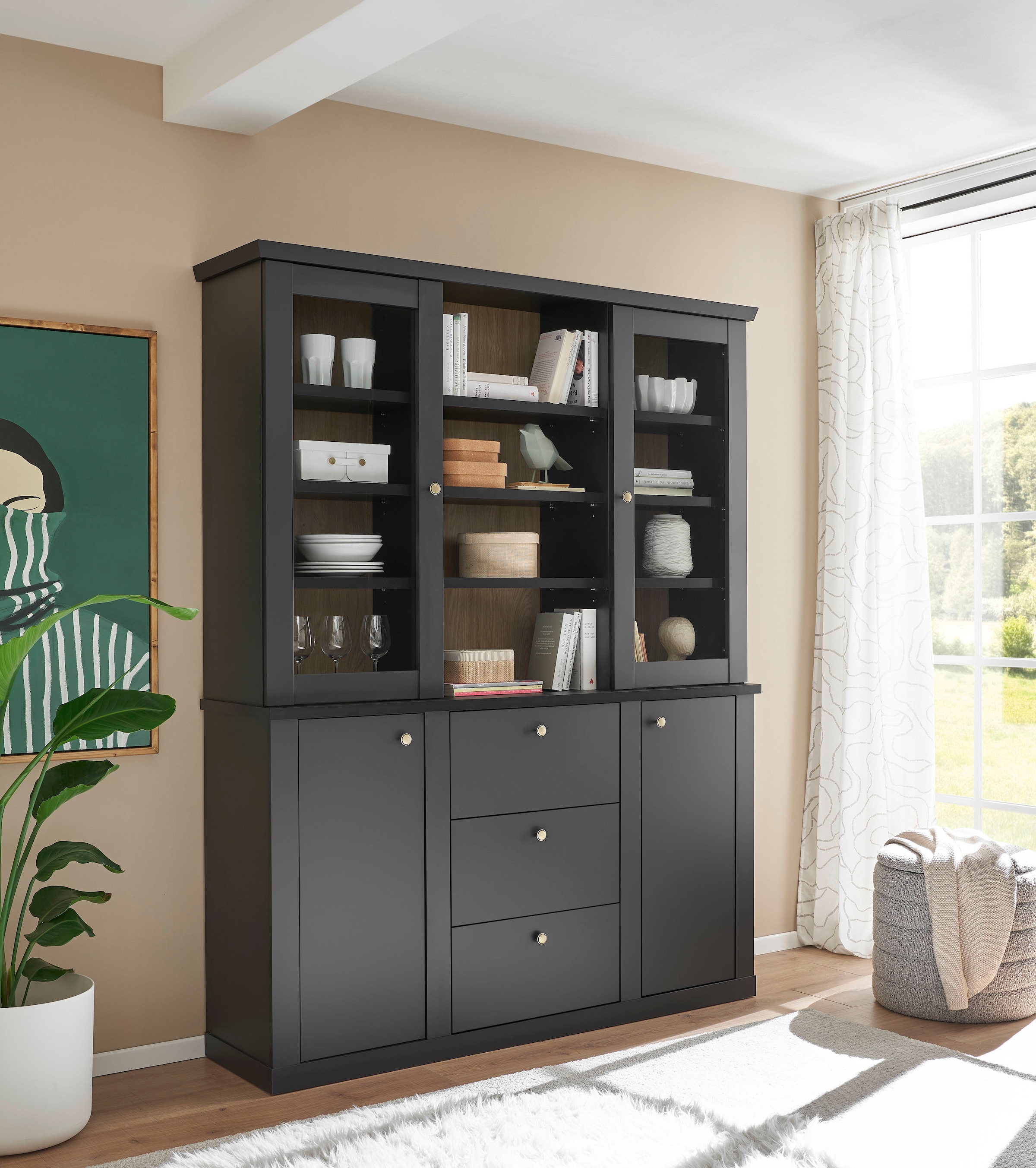 Home affaire Buffet »Lincoln, Hochschrank im Landhausstil, moderner Schrank« edles Design, messingfarbene Knopfgriffe, vielseitig einsetzbar