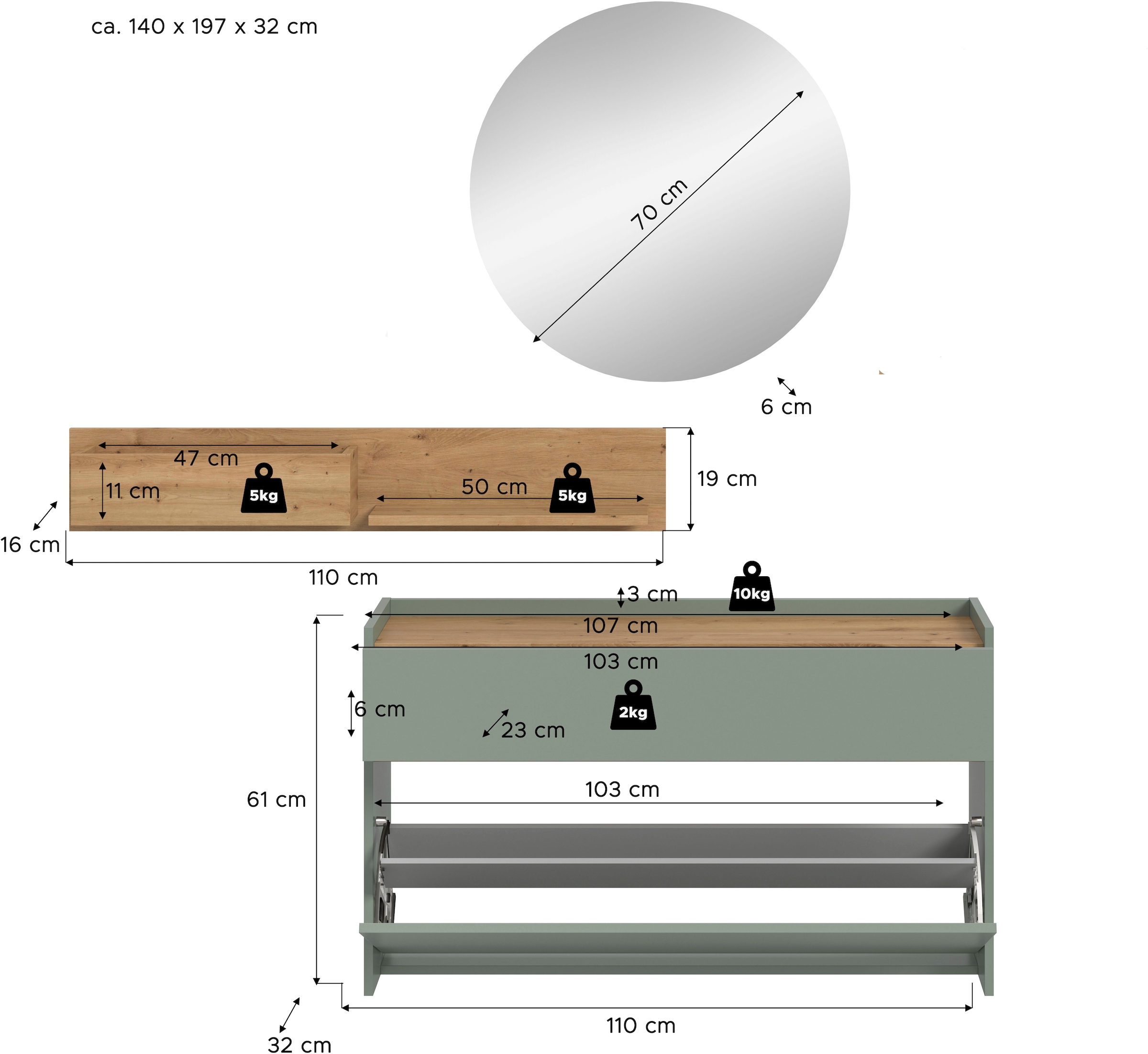 Home affaire Garderoben-Set »EVRID, 3-teilig, Breite 140 cm, individuell hängbar & erweiterbar« best. aus: Kommode, Wandboard & Spiegel, 3 Stk. tlg.
