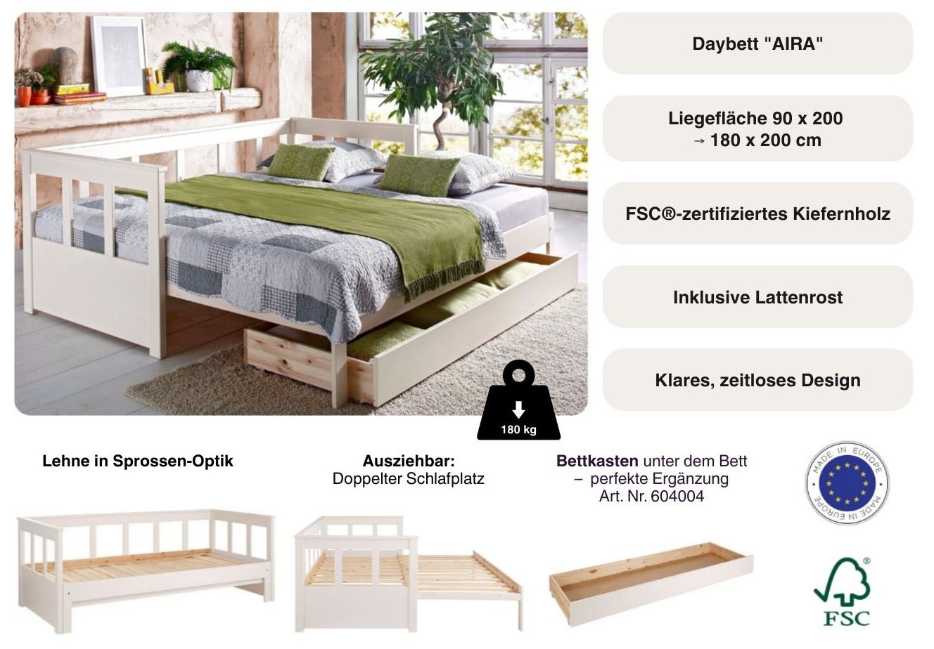 OTTO home Daybett »"AIRA" Kinderbett, Gästebett, Skandi- Design, Schublade optional« FSC® zertifiziertes Massivholz,  mit ausziehbarer Liegefläche, ideal fürs Jugend- oder Gästezimmer