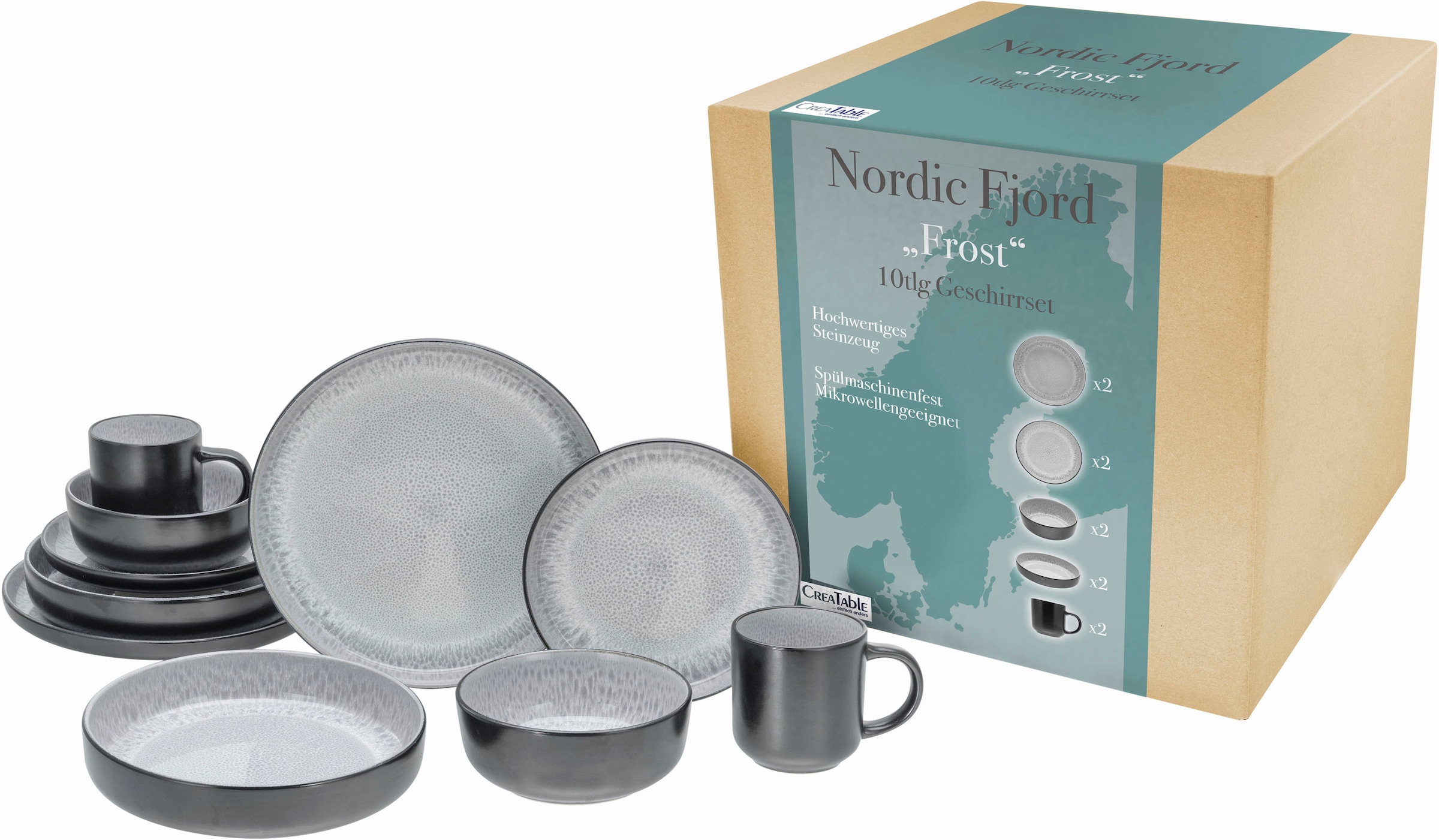 CreaTable Kombiservice »Nordic Fjord«, (Set, 10 tlg.), je 2 Speiseteller, Suppenteller, Dessertteller, Schalen, Kaffeebecher