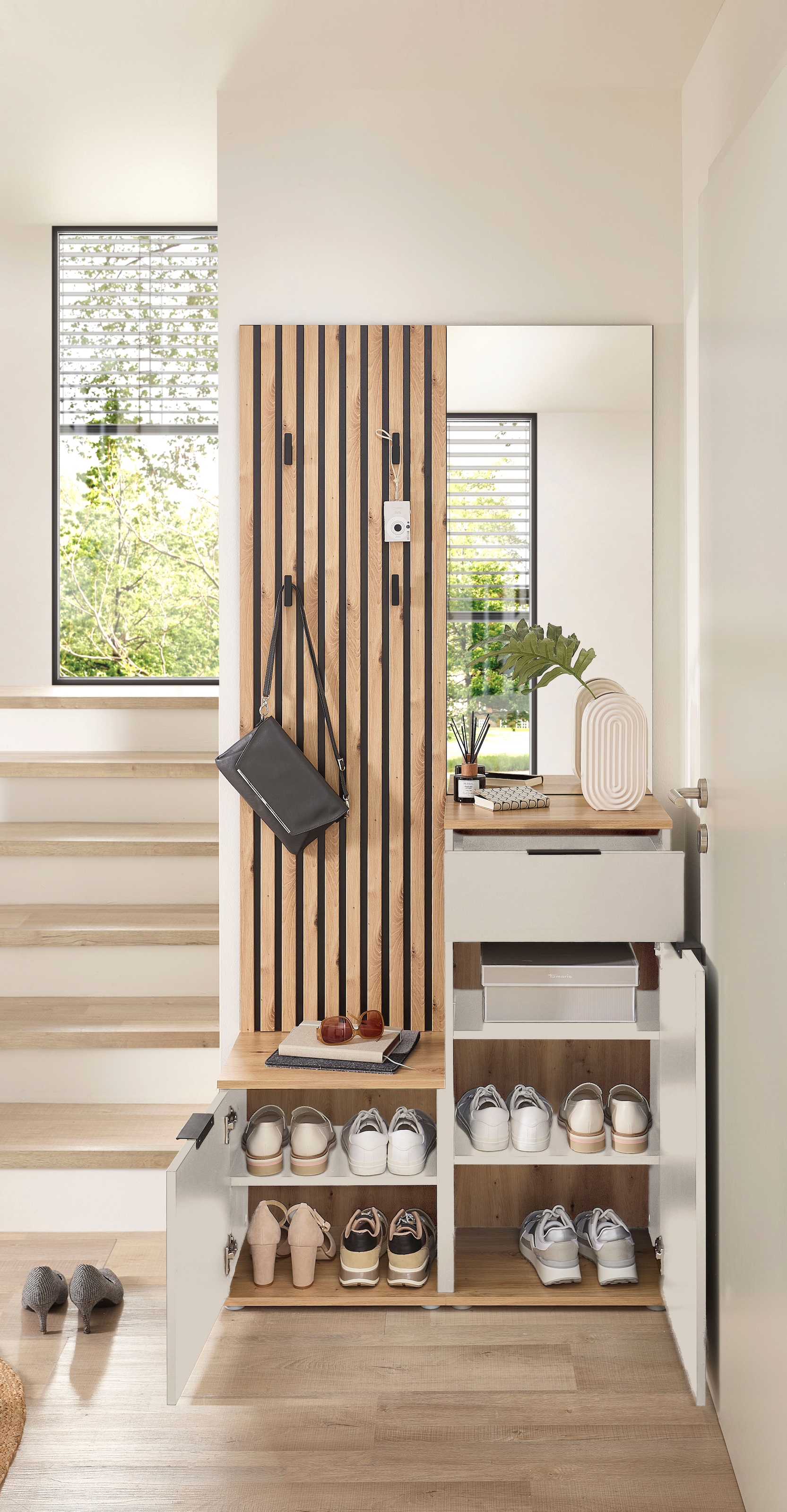 HBZ Kompaktgarderobe »Simple mit Spiegel, Flurgarderobe BxHxT 88x195x35 cm« 4 Stk. tlg. mit Bank, Paneel, Schuhkommode mit Schubkasten und Spiegel