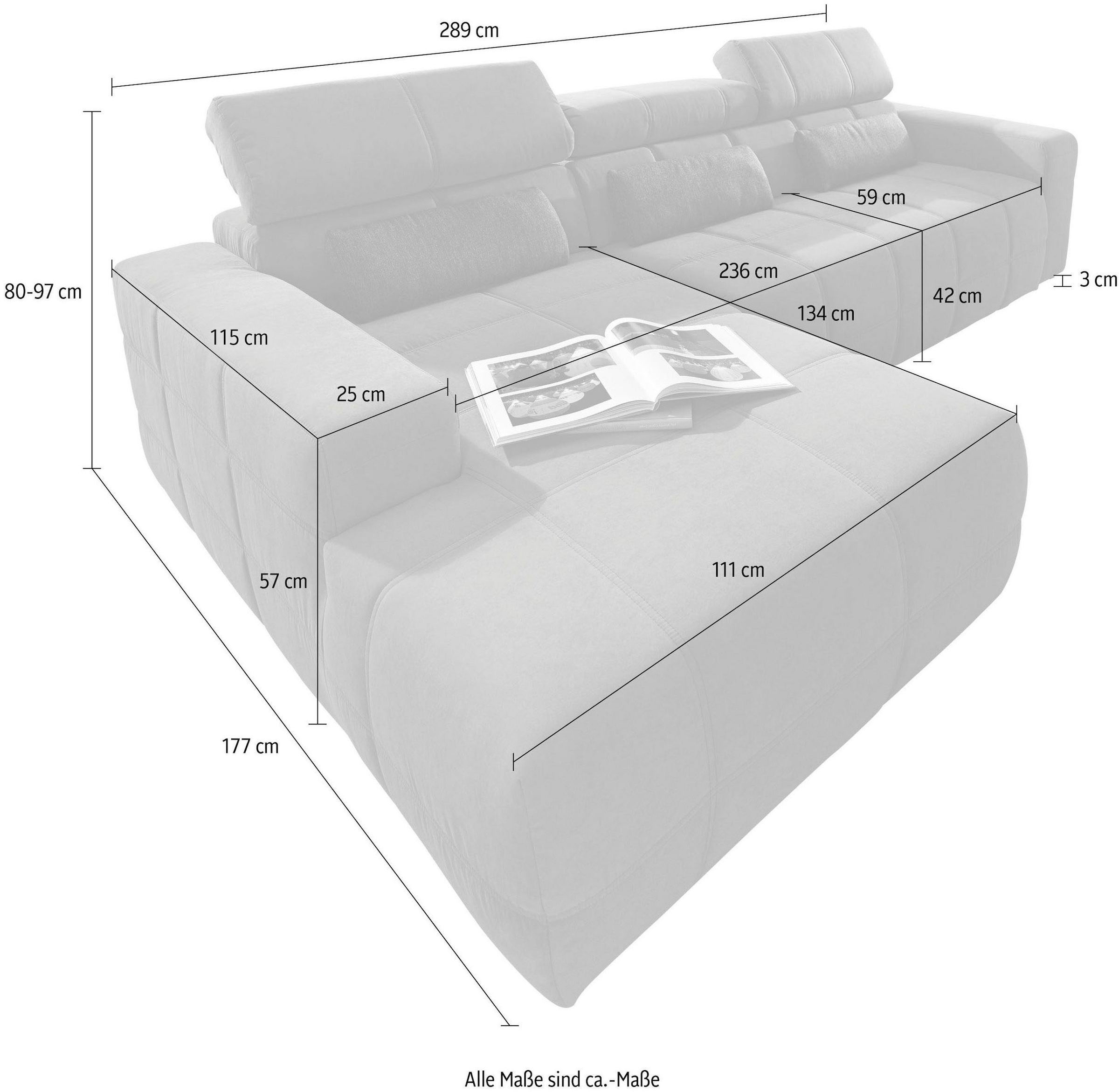 DOMO collection Ecksofa »Brandon B/T/H: 289/177/80 cm, belastbar bis 140kg/ Sitz, auch in Cord«, mit Kopfteilverstellung, wahlweise Sitztiefenverstellung, L-Form
