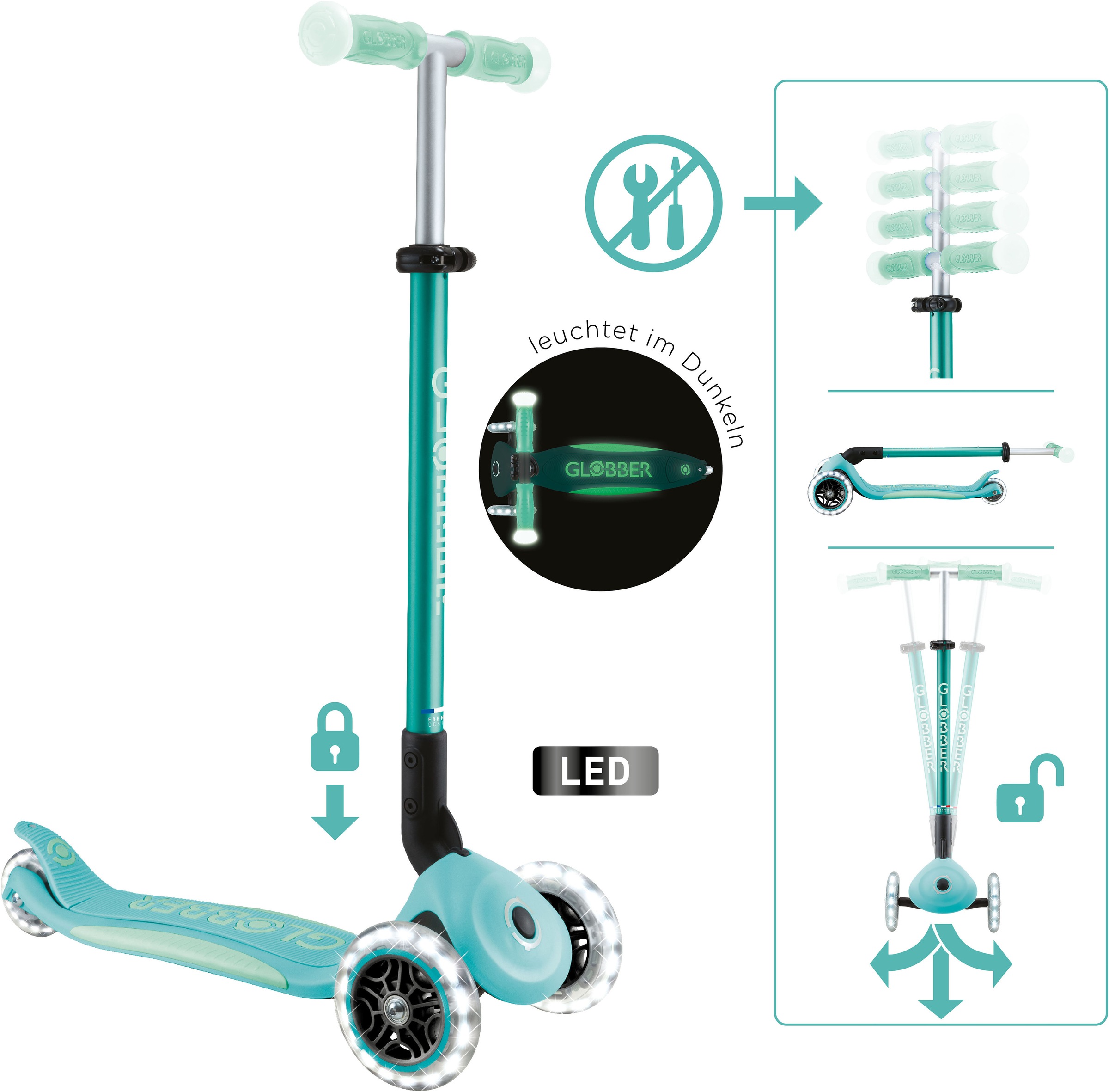 Globber Tretroller »ELITE GLOW LIGHTS, mit Leuchtrollen und Glow-Effekt«