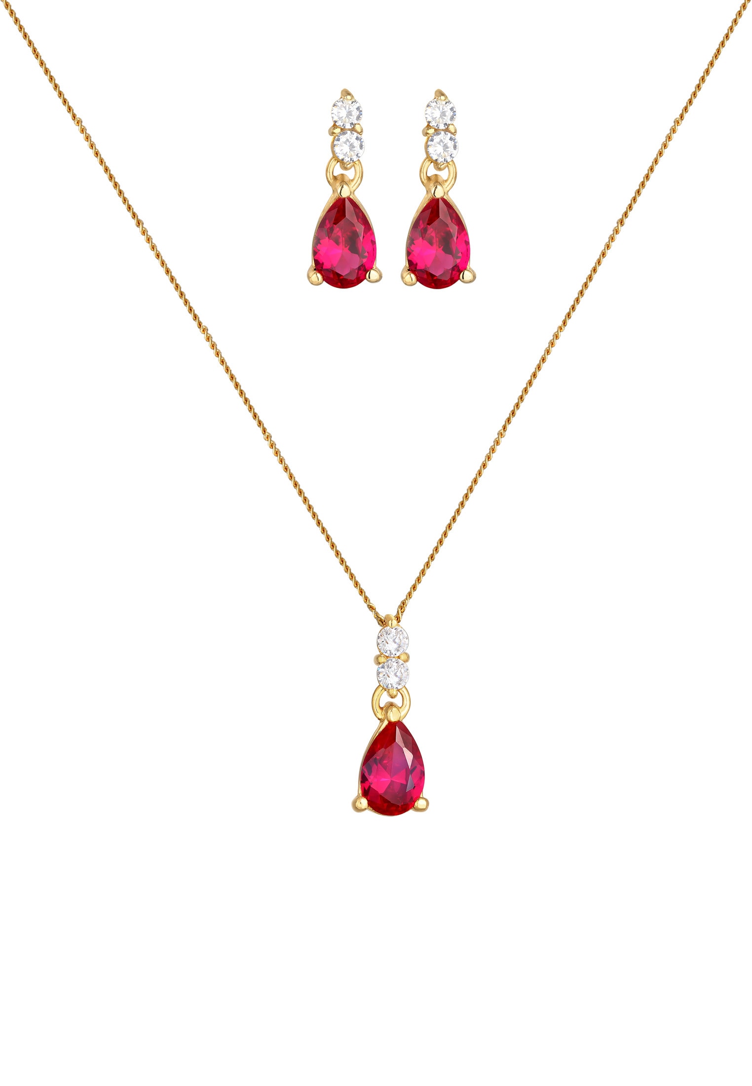 Elli Premium Ohrring und Ketten Set »Schmuckset Kette Ohrhänger Syn. Rubin Zirkonia 925 Silber« ()