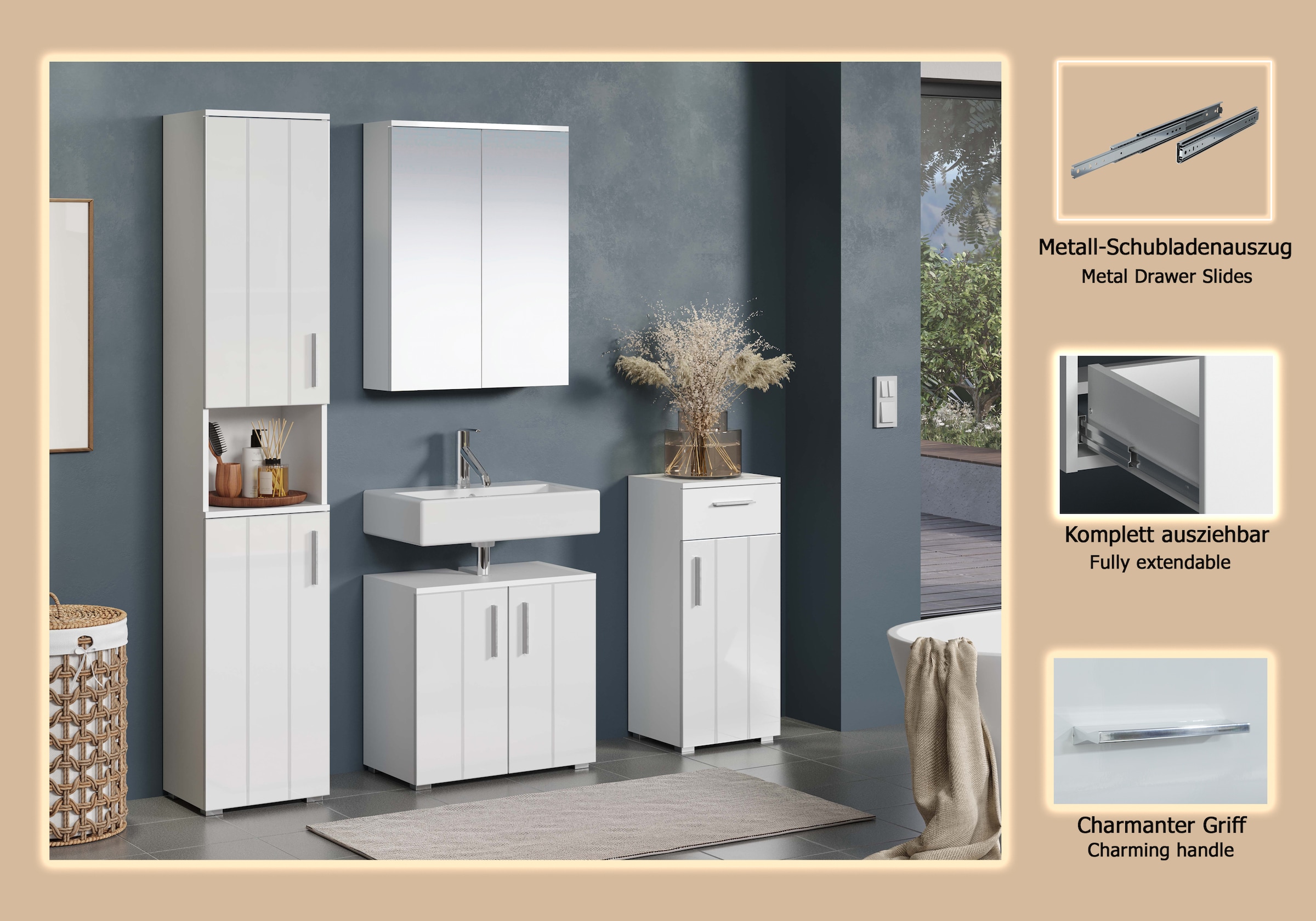welltime Badezimmer-Set »Prag«, (Set, 4 St.), Komplettset bestehend aus: Hochschrank, Spiegelschrank, Standschrank