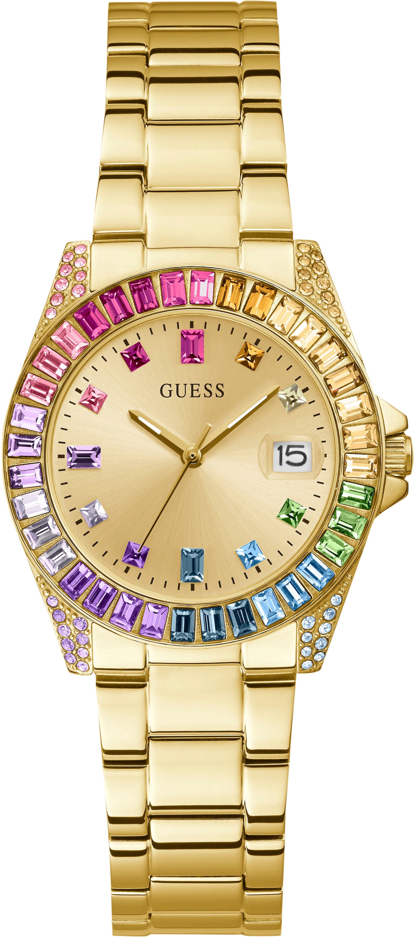 Guess Quarzuhr »OPALINE«, Armbanduhr, Damenuhr, Datum, Edelstahlarmband, farbige Kristallsteine