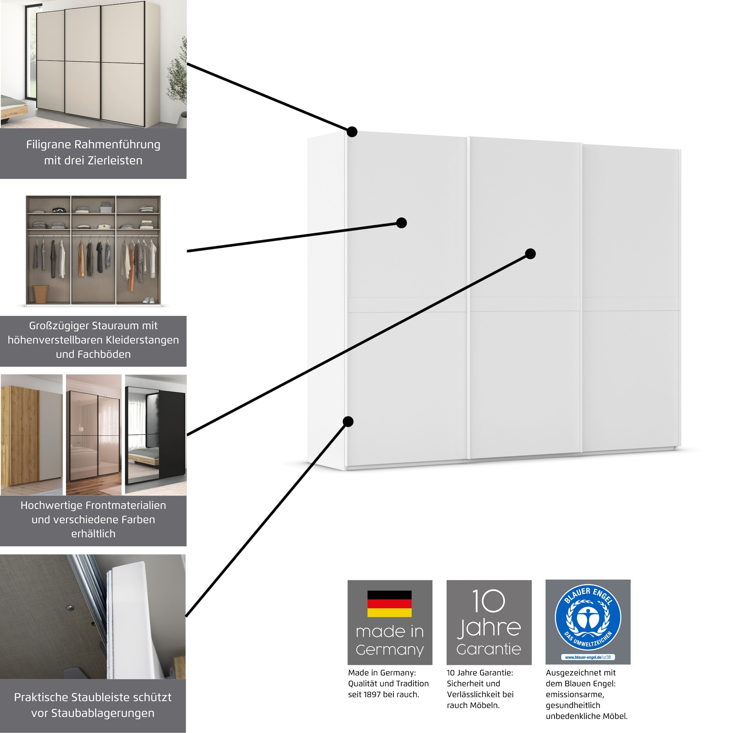 rauch Schwebetürenschrank »Kleiderschrank Schrank Garderobe Schlafzimmerschrank SCALE-DUO«, edle zweigeteilte Türen Spiegel/Glas-Mix 3 Zierleisten MADE IN GERMANY