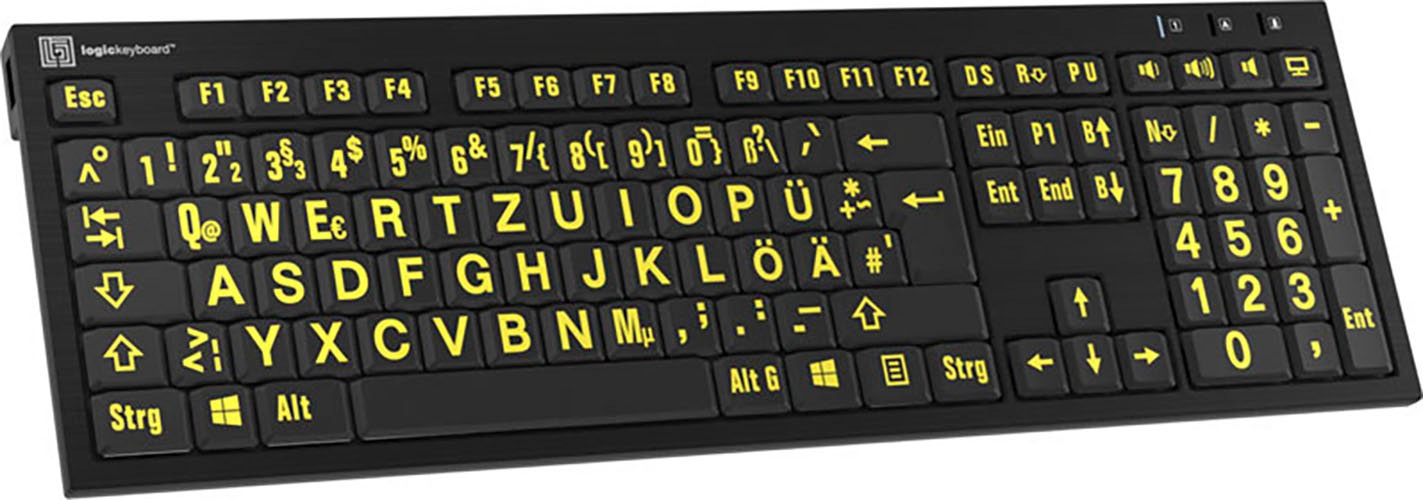 Logickeyboard Slimline-Tastatur »XL-Print Yellow on Black DE (PC/Nero)«, (Ziffernblock-USB-Hub)