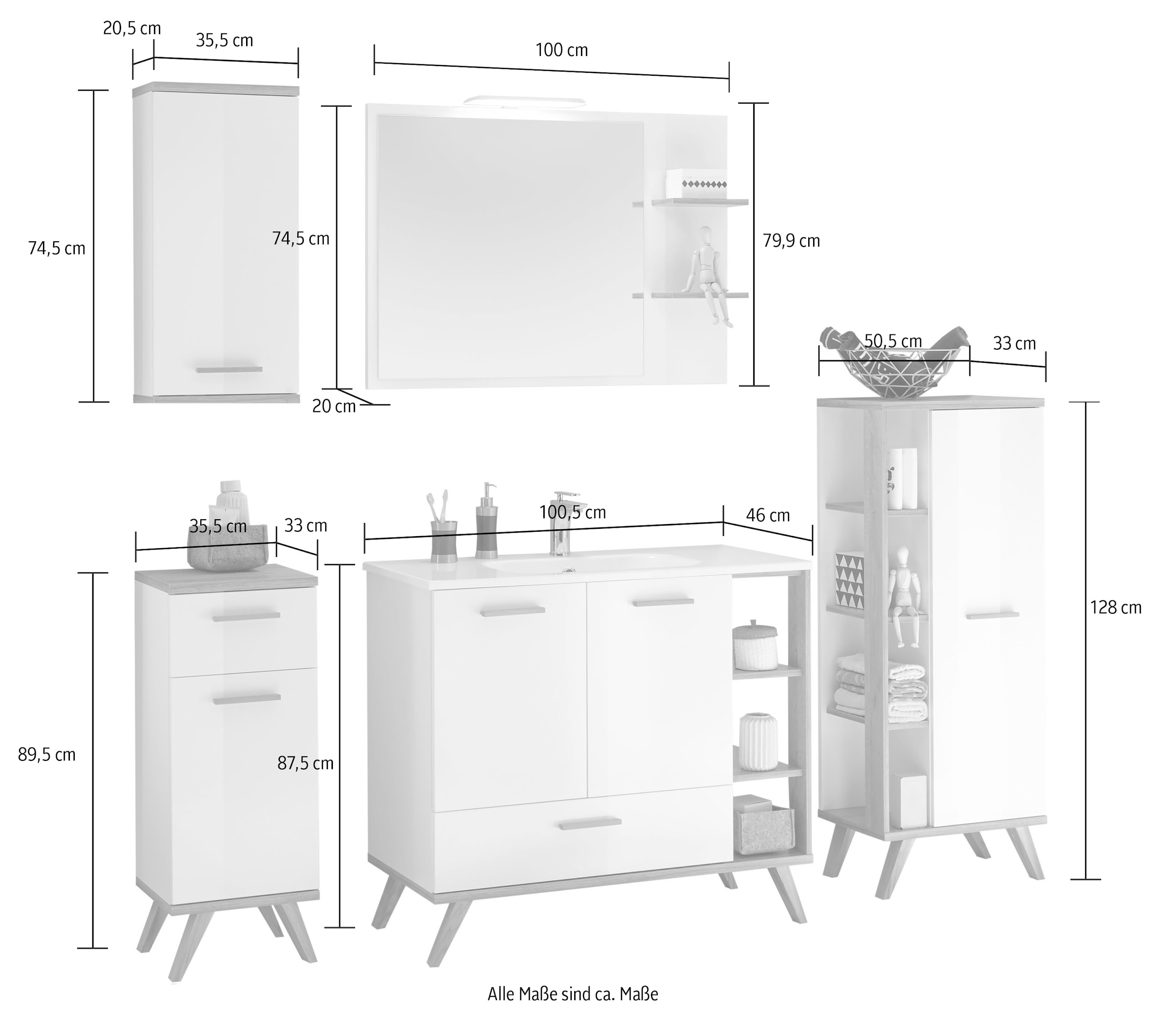 Saphir Badmöbel-Set »Quickset Mineralmarmor-Waschtisch mit LED-Spiegel, Unterschrank« 7 Stk. tlg.