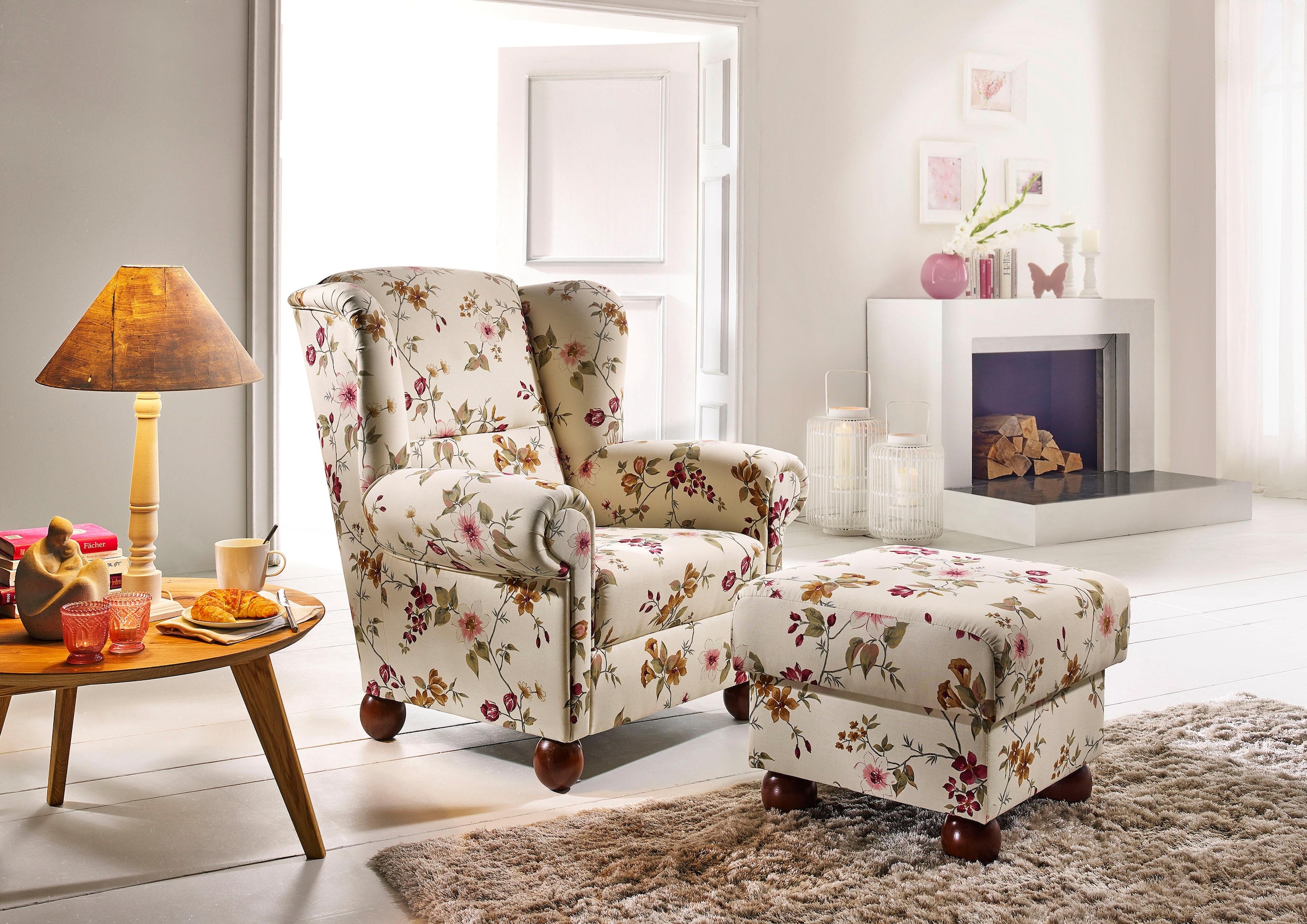 Max Winzer® Ohrensessel »Malmö Megasessel, guter Sitzkomfort, Ohrensessel mit floralem Bezug«, bequem durch Federkernunterfederung, mit Holz-Kugelfüßen
