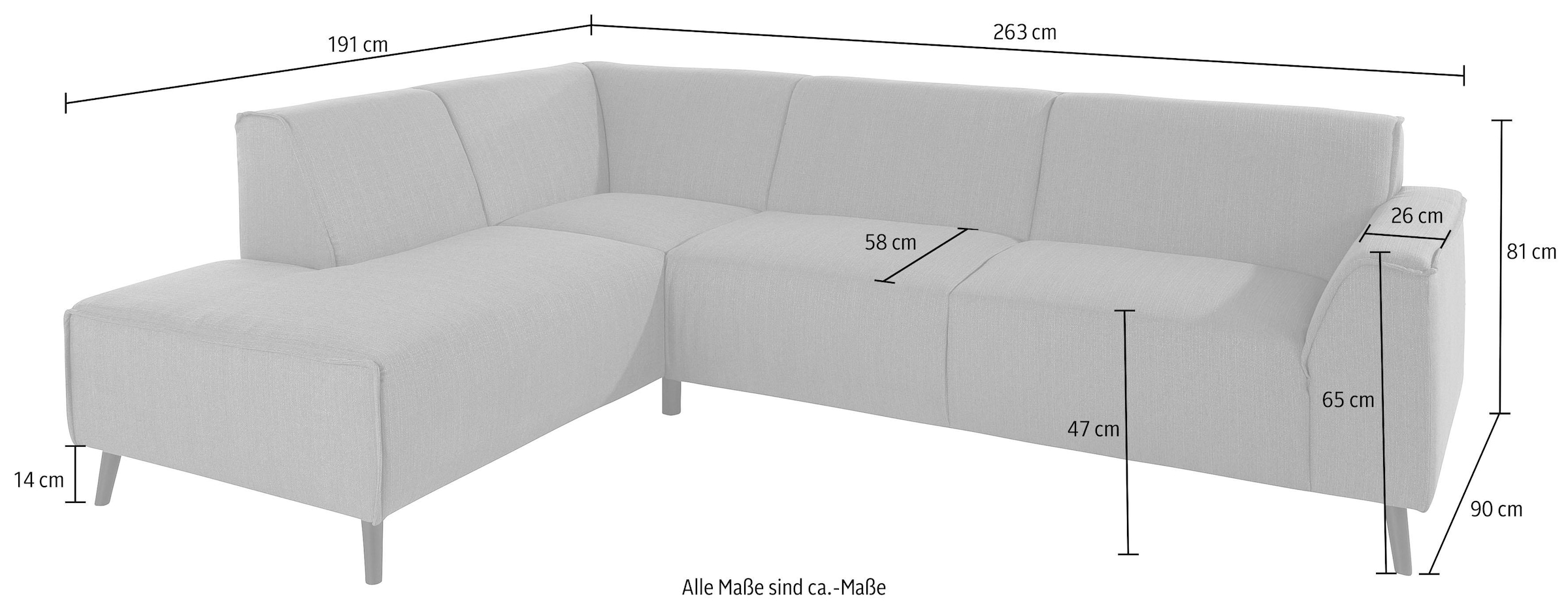 DOMO collection Ecksofa »Amora, inklusive komfortablem Federkern für mehr Sitzkomfort, L-Form«, mit Ottomane, elegant und zeitlos, bequem, Komfortsitzhöhe 47cm