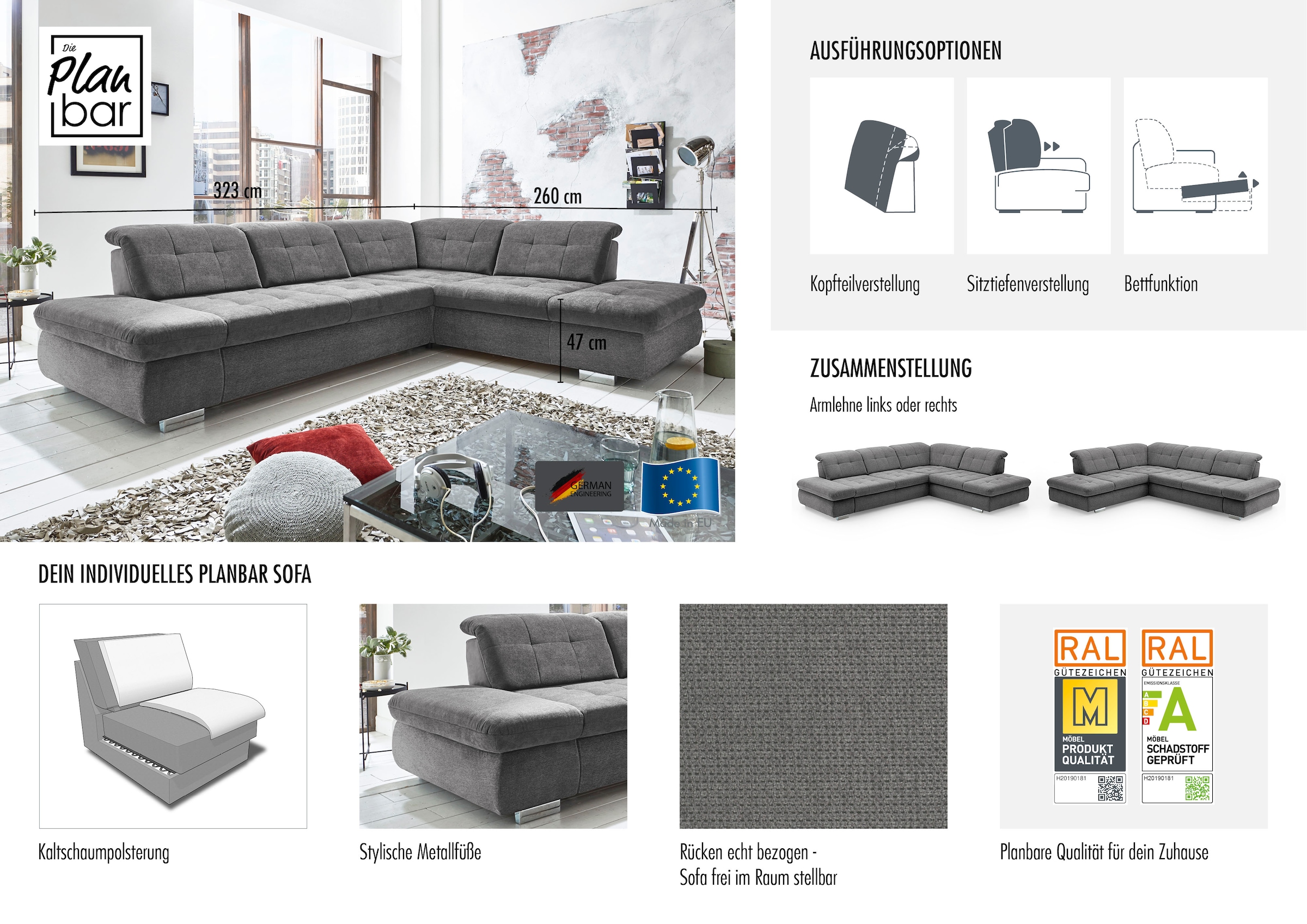 Die PlanBar Ecksofa »MP-IN17004 L-Form, Breite 323 cm, wahlweise weitere Funktionen« Kaltschaum-Polsterung, inkl. Sitztiefenverstellung