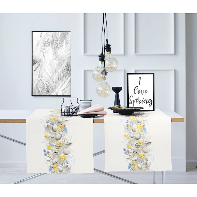 APELT Tischläufer »6810 HAPPY EASTER, Osterdeko, Ostern«, (1 St.),  Digitaldruck, modisches Design mit Ostereiern und Blüten