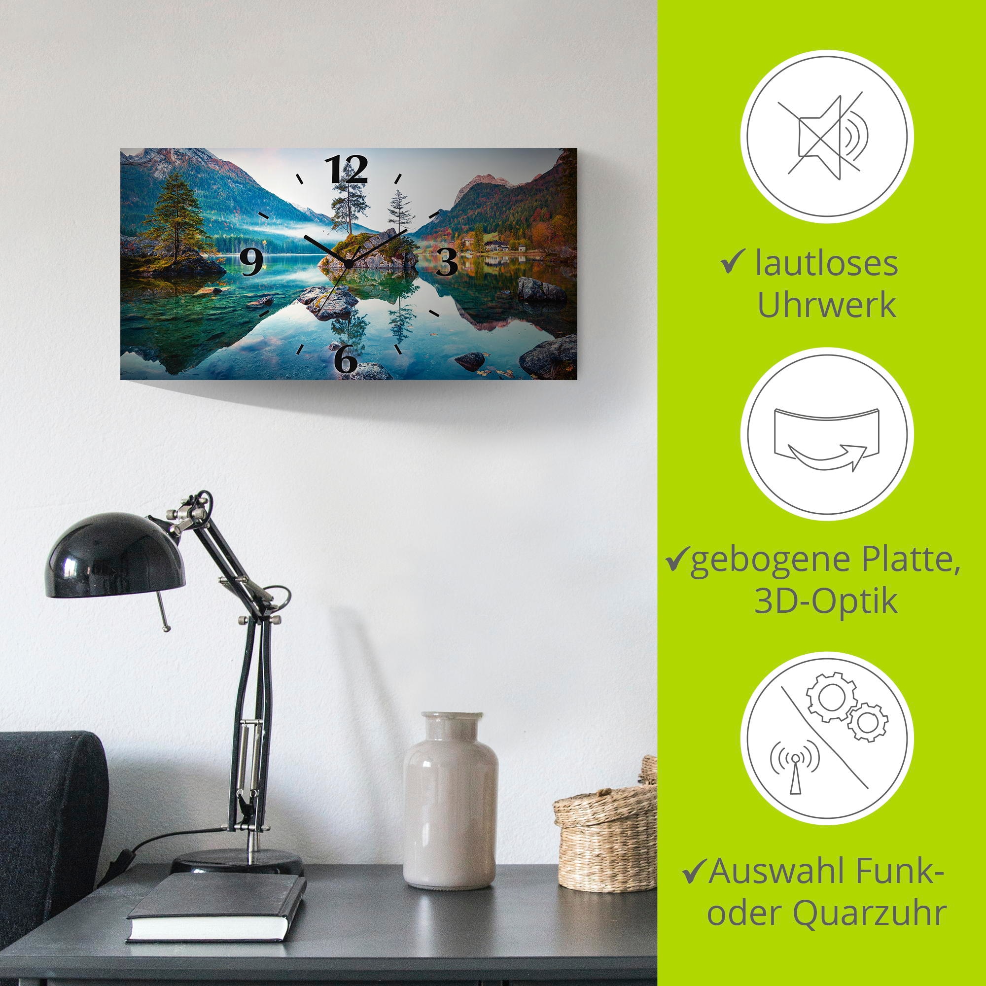 Artland Wanduhr »Herbstszene des Hintersee vor Alpen«, 3D Optik gebogen, mit Quarz- oder Funkuhrwerk, versch. Größen