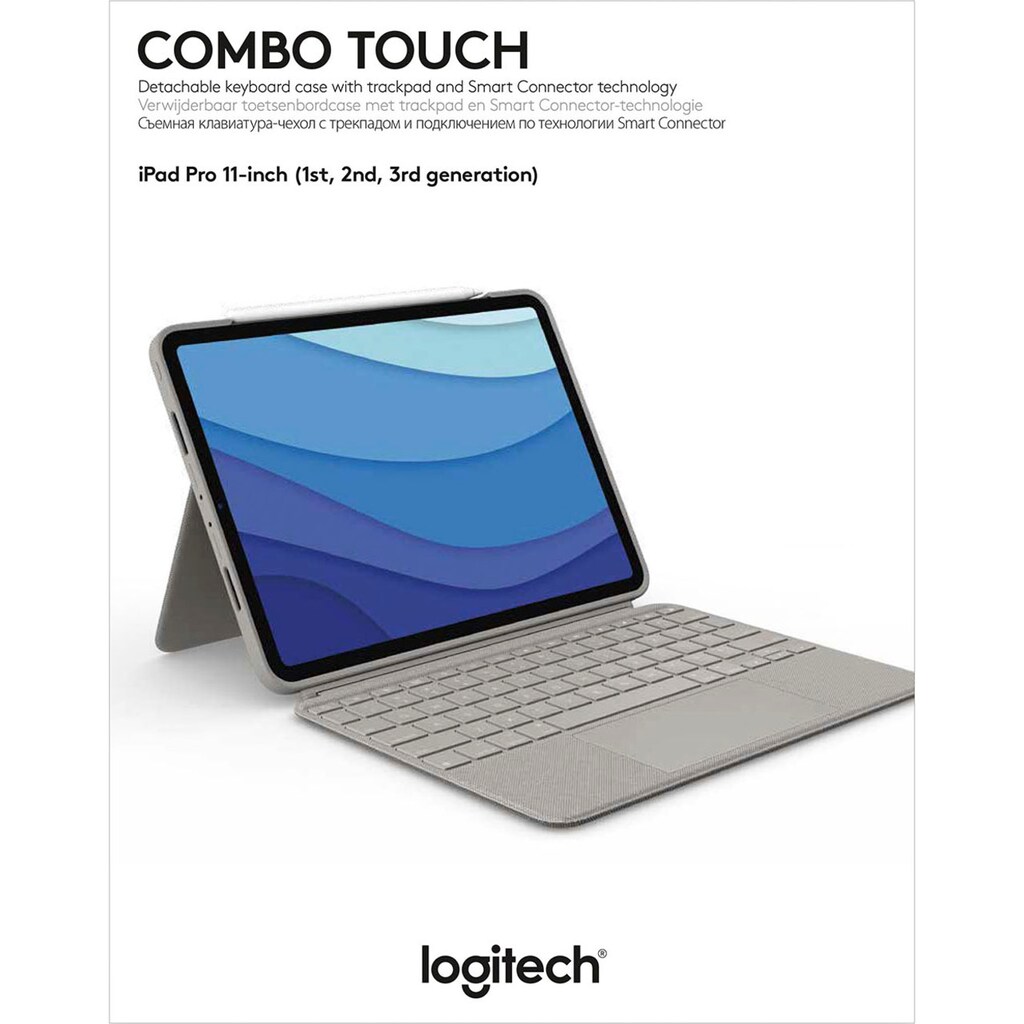 Logitech iPad-Tastatur »Combo Touch iPad Pro 11 Zoll (1., 2., 3. Gen - 2018, 2020, 2021) Keyboard Case - Abnehmbare Tastatur-Case - Click-Anywhere Trackpad, Smart Connector - Sand, QWERTZ«, (ausklappbare Füße-Multimedia-Tasten)
