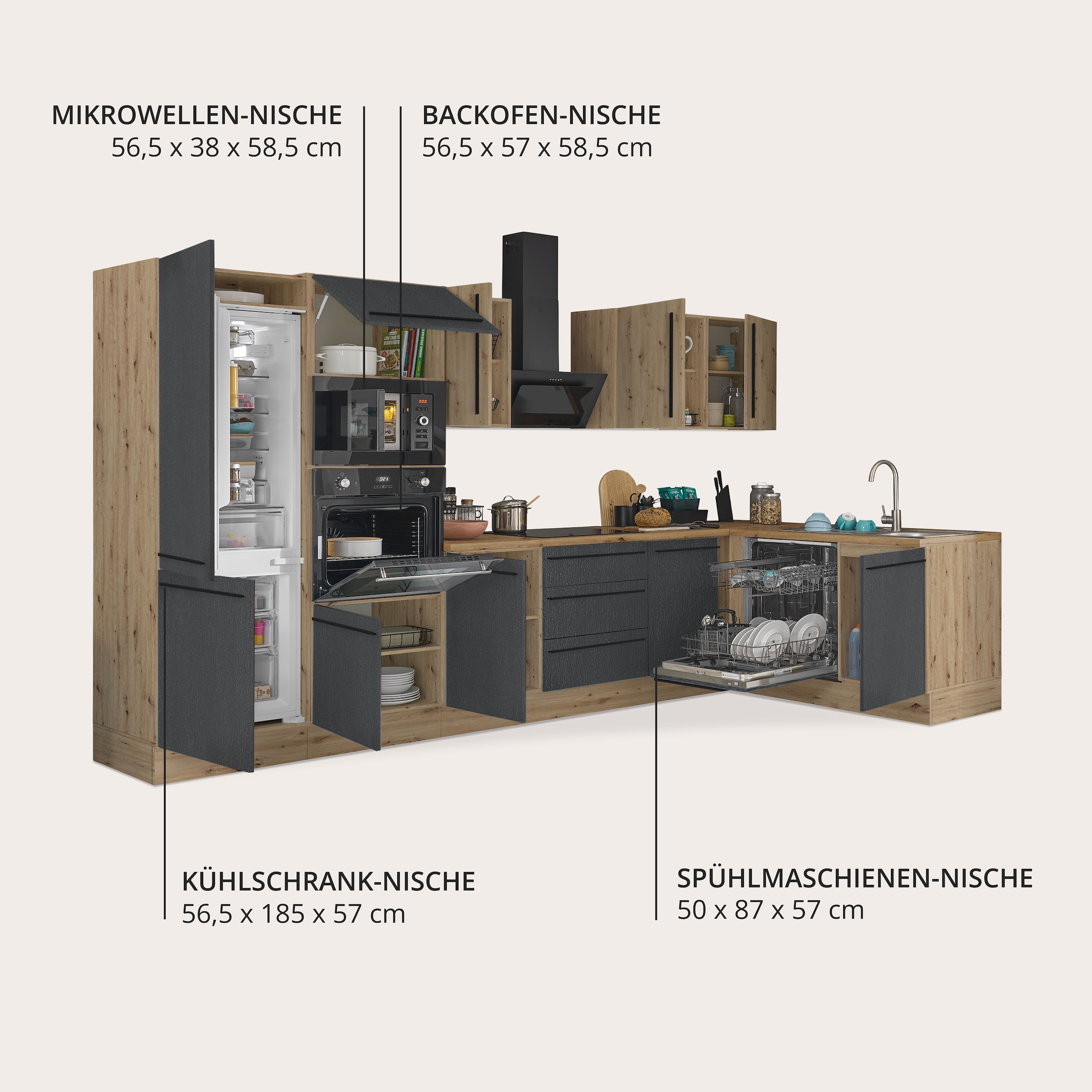 KOCHSTATION Winkelküche »Florida, Stellbreite 340x175 cm« wahlweise mit E-Geräten, mit Softclose für Türen und Schubkästen